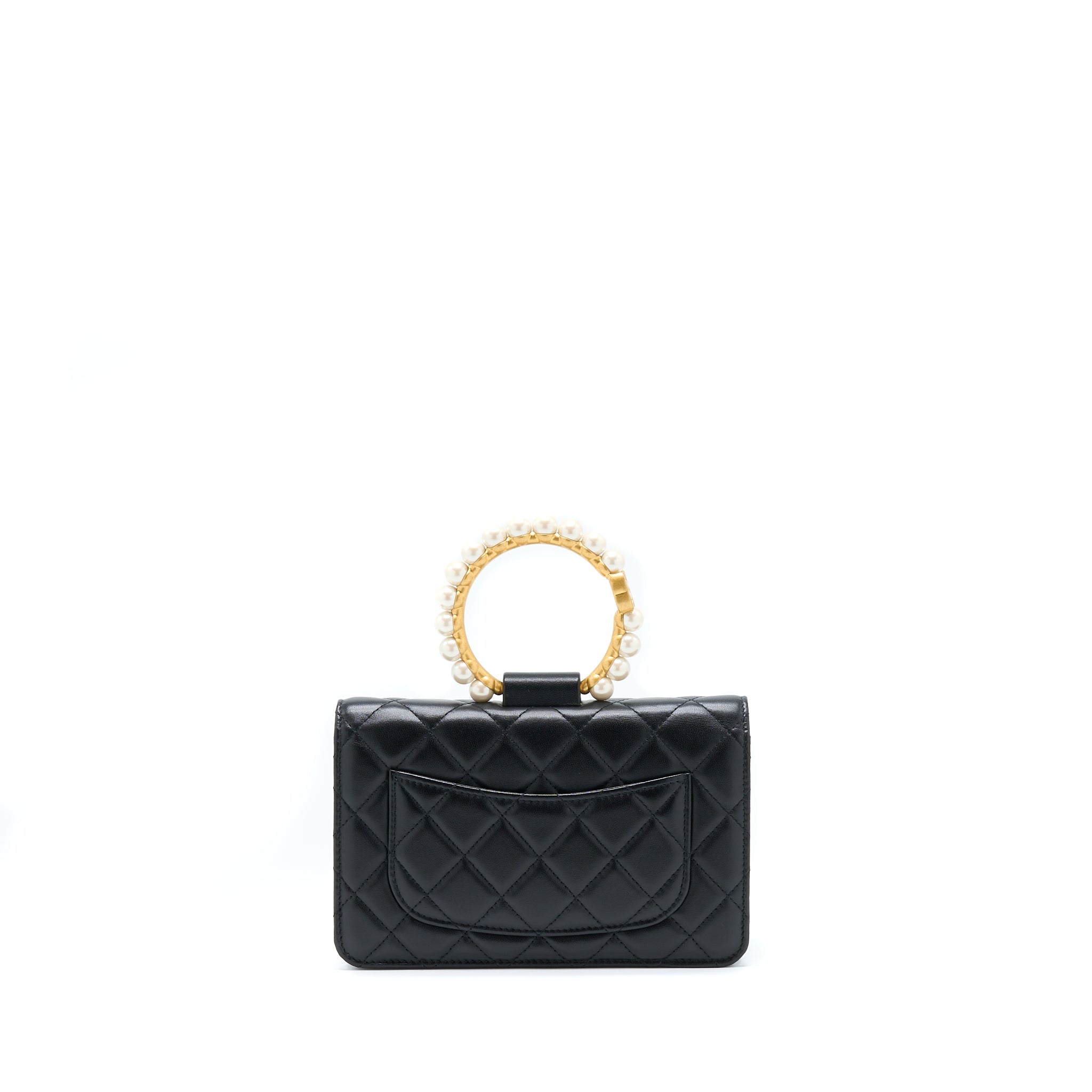 CHANEL 21S WALLET ON CHAIN WITH PEARL/CC LOGO ROUND HANDLE LAMBSKIN BLACK BRUSHED GHW