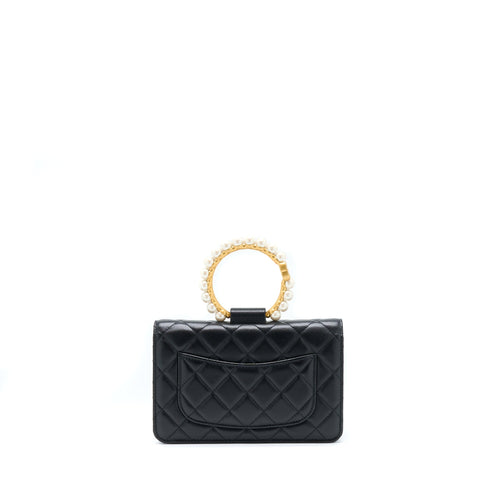 CHANEL 21S WALLET ON CHAIN WITH PEARL/CC LOGO ROUND HANDLE LAMBSKIN BLACK BRUSHED GHW