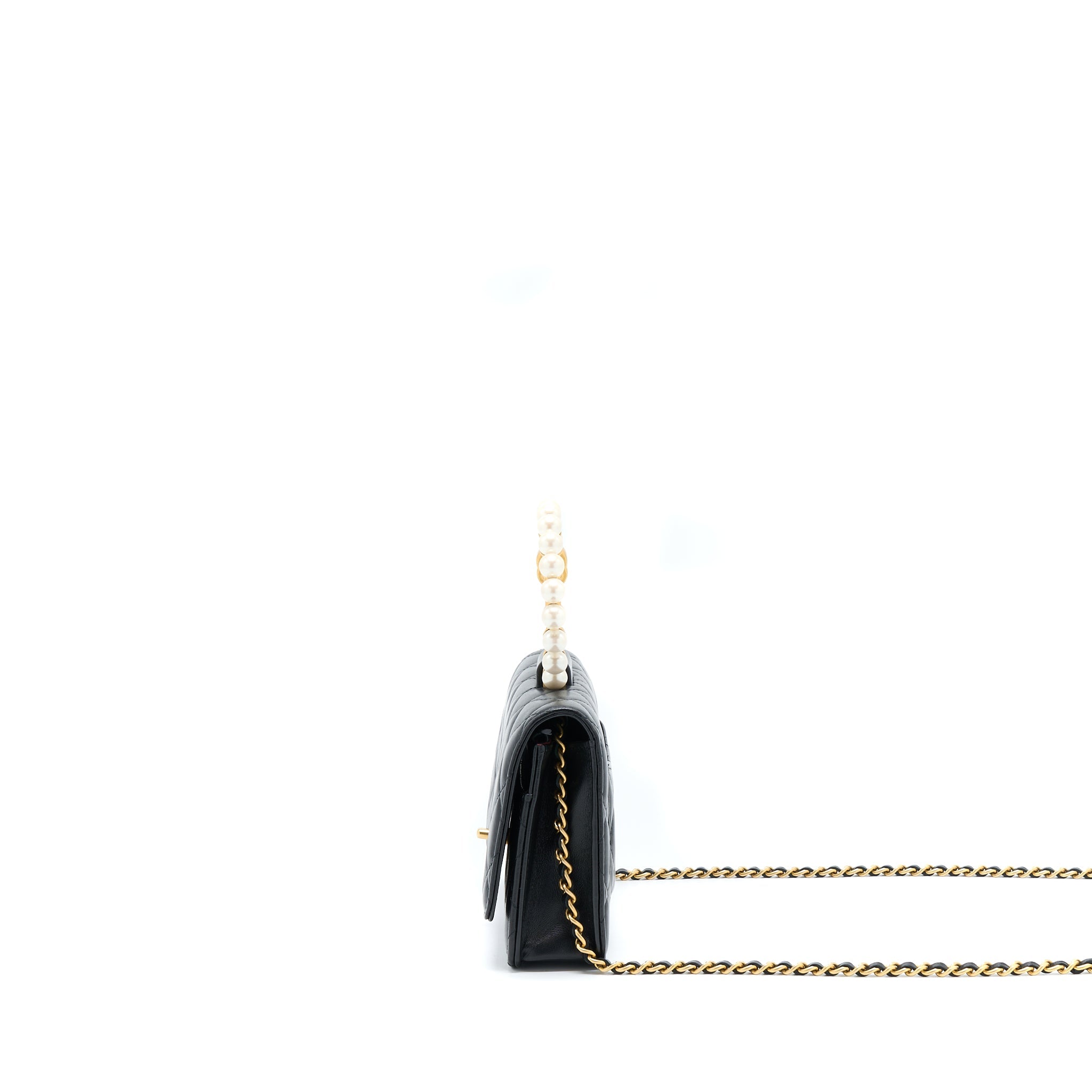 CHANEL 21S WALLET ON CHAIN WITH PEARL/CC LOGO ROUND HANDLE LAMBSKIN BLACK BRUSHED GHW