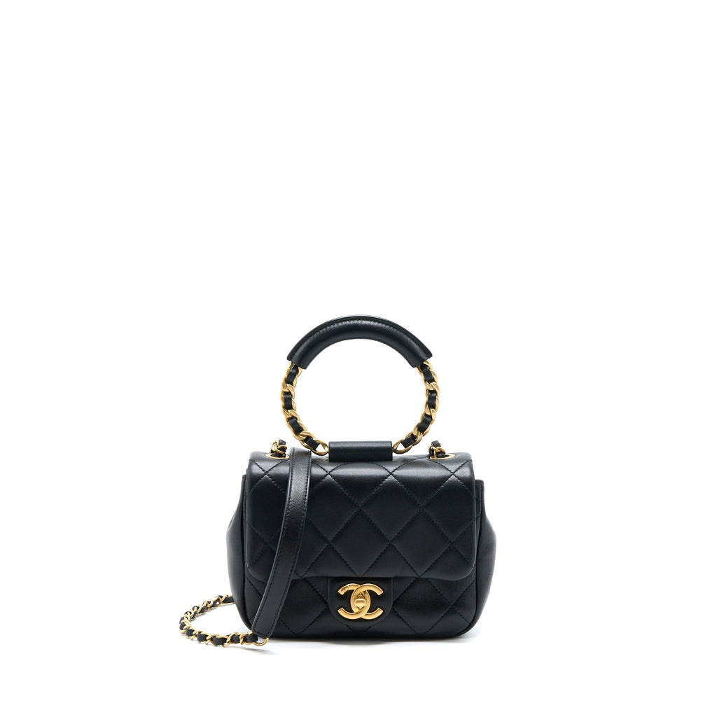 CHANEL CIRCULAR HANDLE QUILTED FLAP BAG LAMBSKIN BLACK BRUSHED GHW