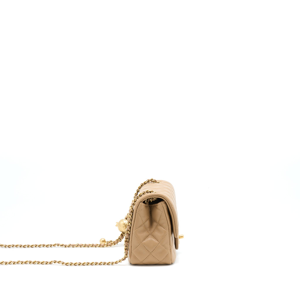 CHANEL PEARL CRUSH MINI SQUARE FLAP BAG LAMBSKIN DARK BEIGE GHW(MICROCHIP)