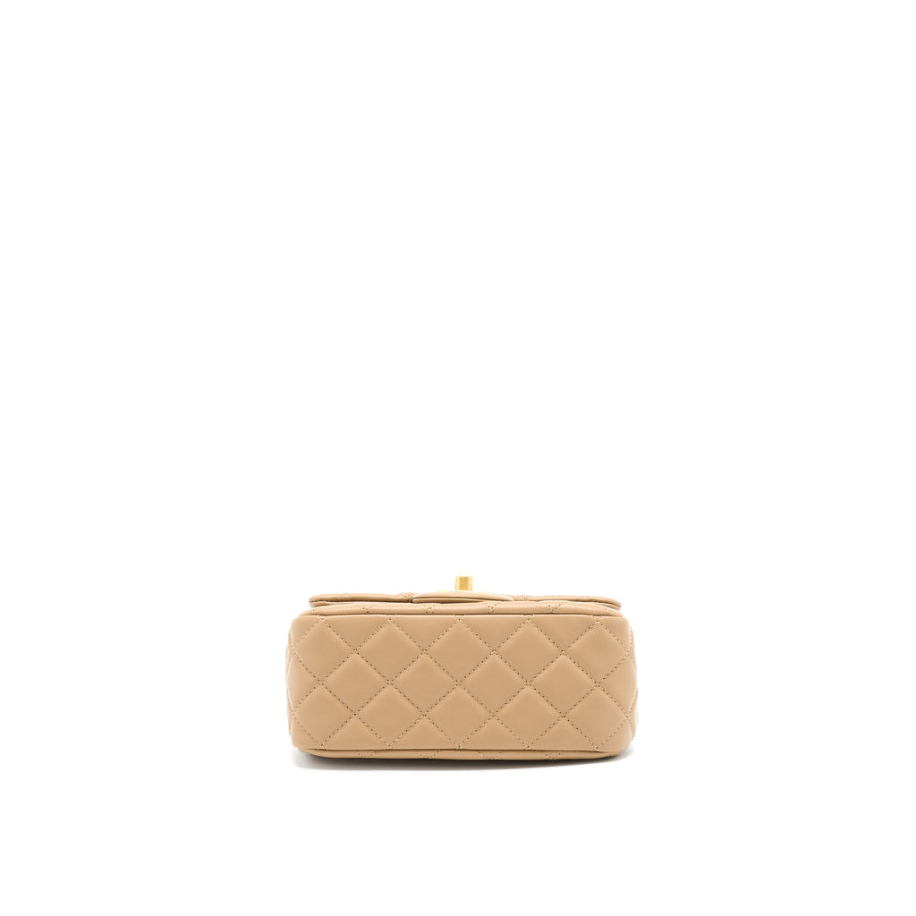 CHANEL PEARL CRUSH MINI SQUARE FLAP BAG LAMBSKIN DARK BEIGE GHW(MICROCHIP)