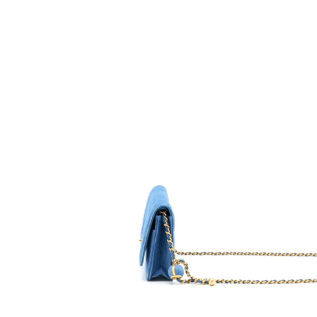 CHANEL DENIM PEARL CRUSH WALLET ON CHAIN DENIM BLUE BRUSHED GHW