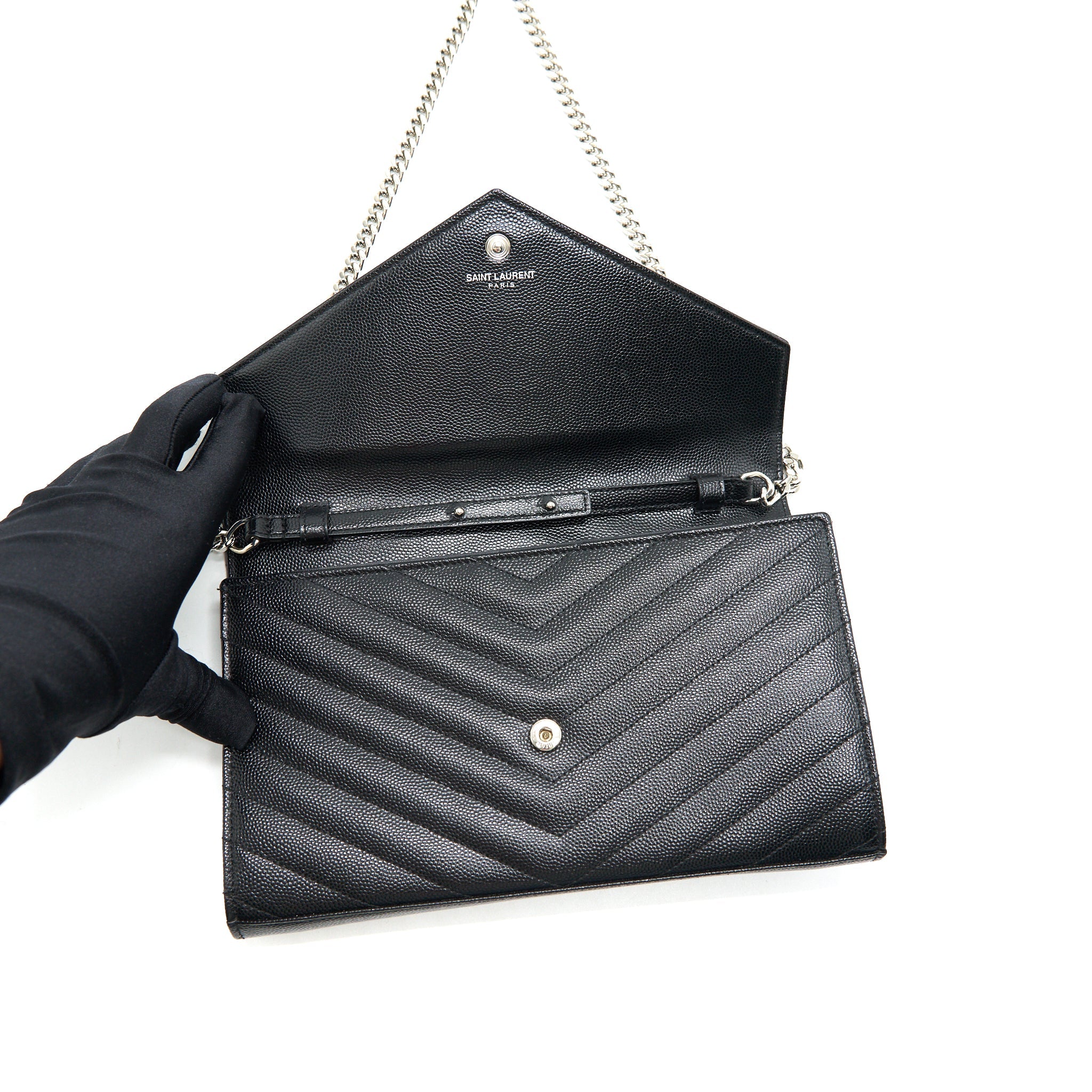 SAINT LAURENT ENVELOPE MONOGRAM WALLET ON CHAIN IN SHW