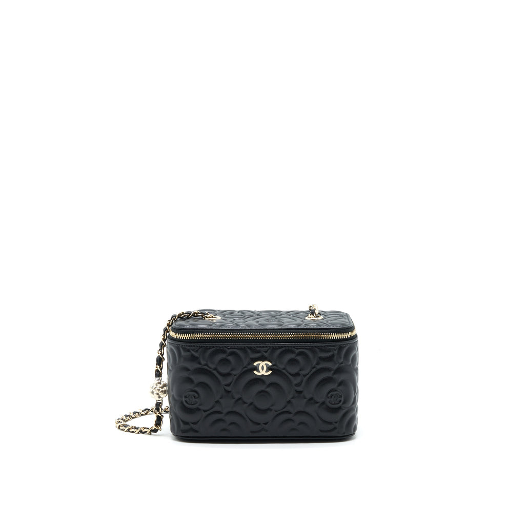CHANEL CAMELLIA LONG VANITY WITH CHAINS LAMBSKIN BLACK LGHW