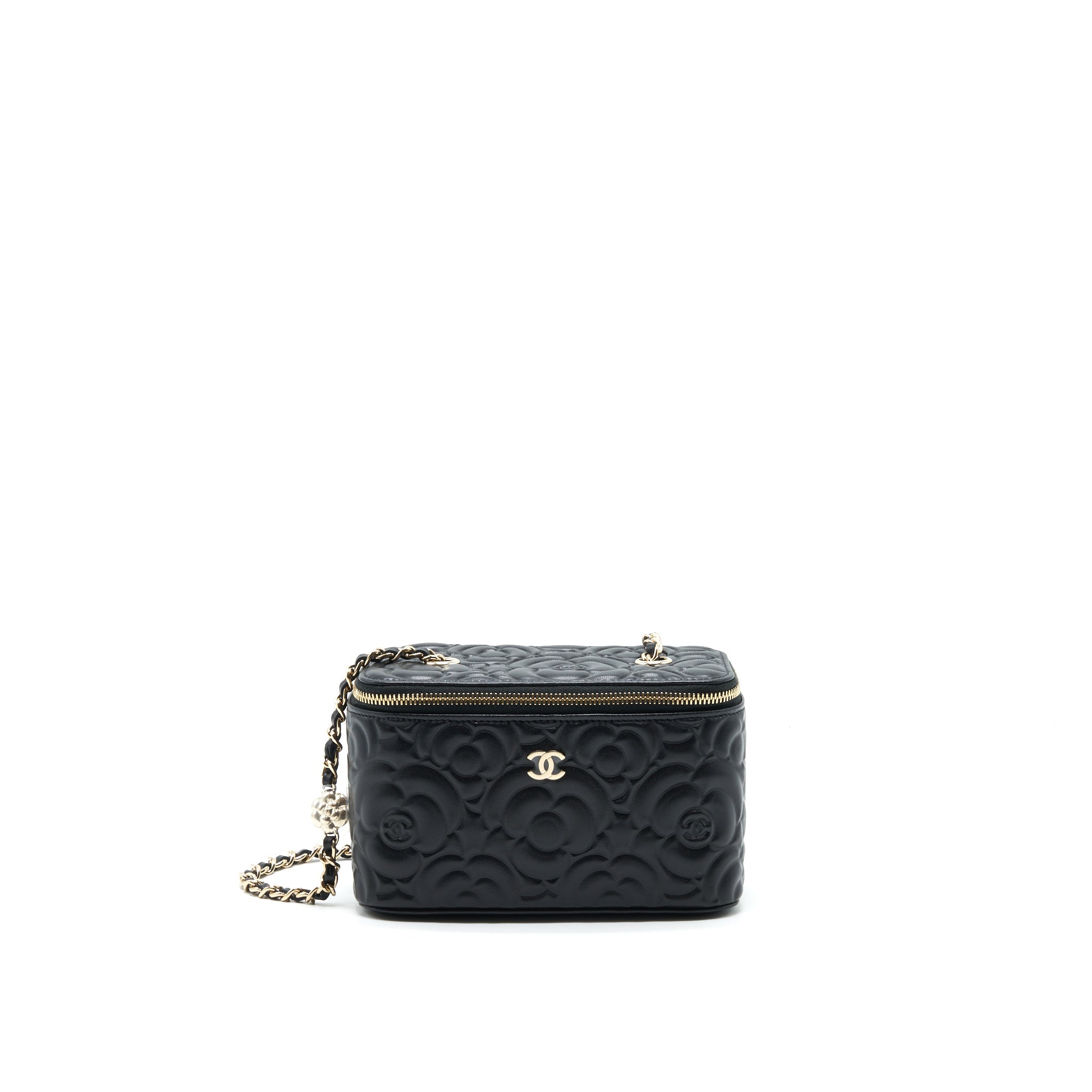CHANEL CAMELLIA LONG VANITY WITH CHAINS LAMBSKIN BLACK LGHW