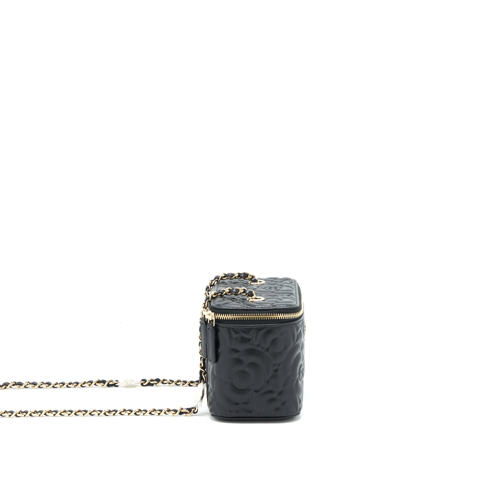 CHANEL CAMELLIA LONG VANITY WITH CHAINS LAMBSKIN BLACK LGHW
