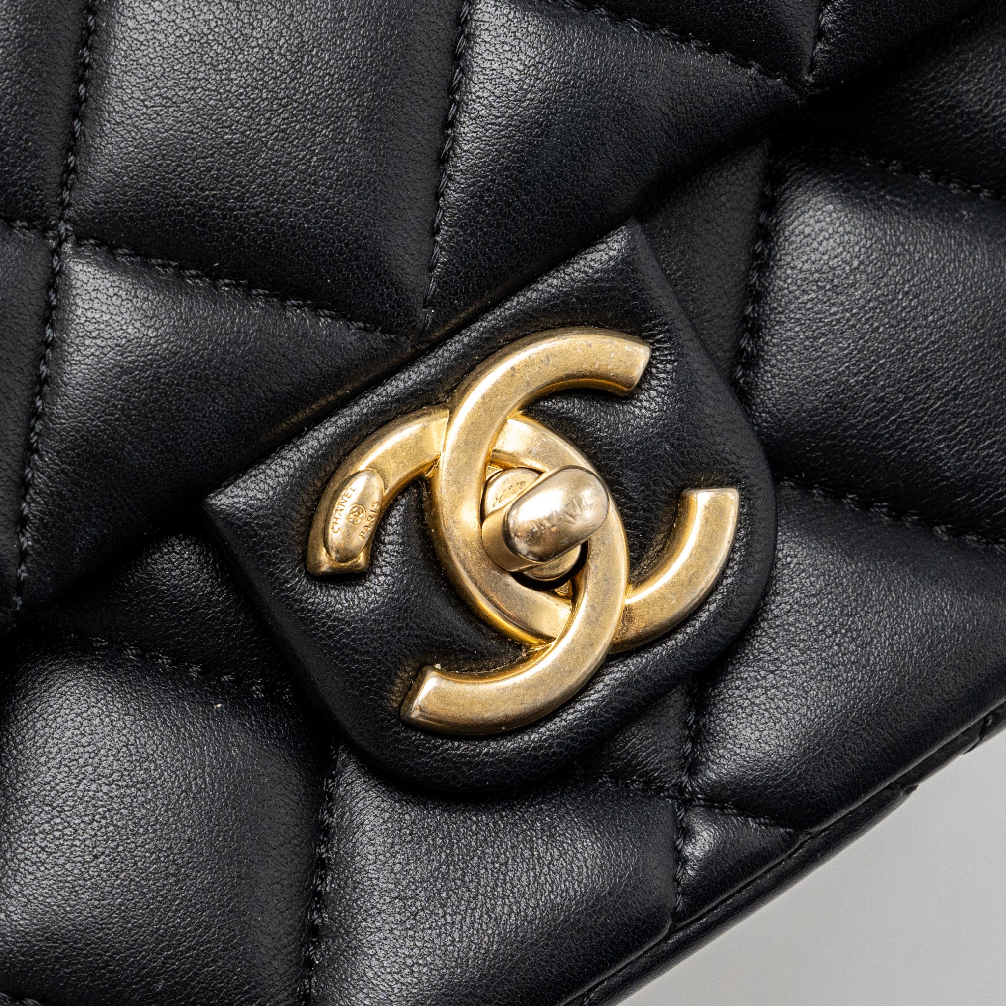 CHANEL QUILTED FLAP BAG WITH HEART CHARM CHAIN LAMBSKIN BLACK GHW (MICROCHIP)