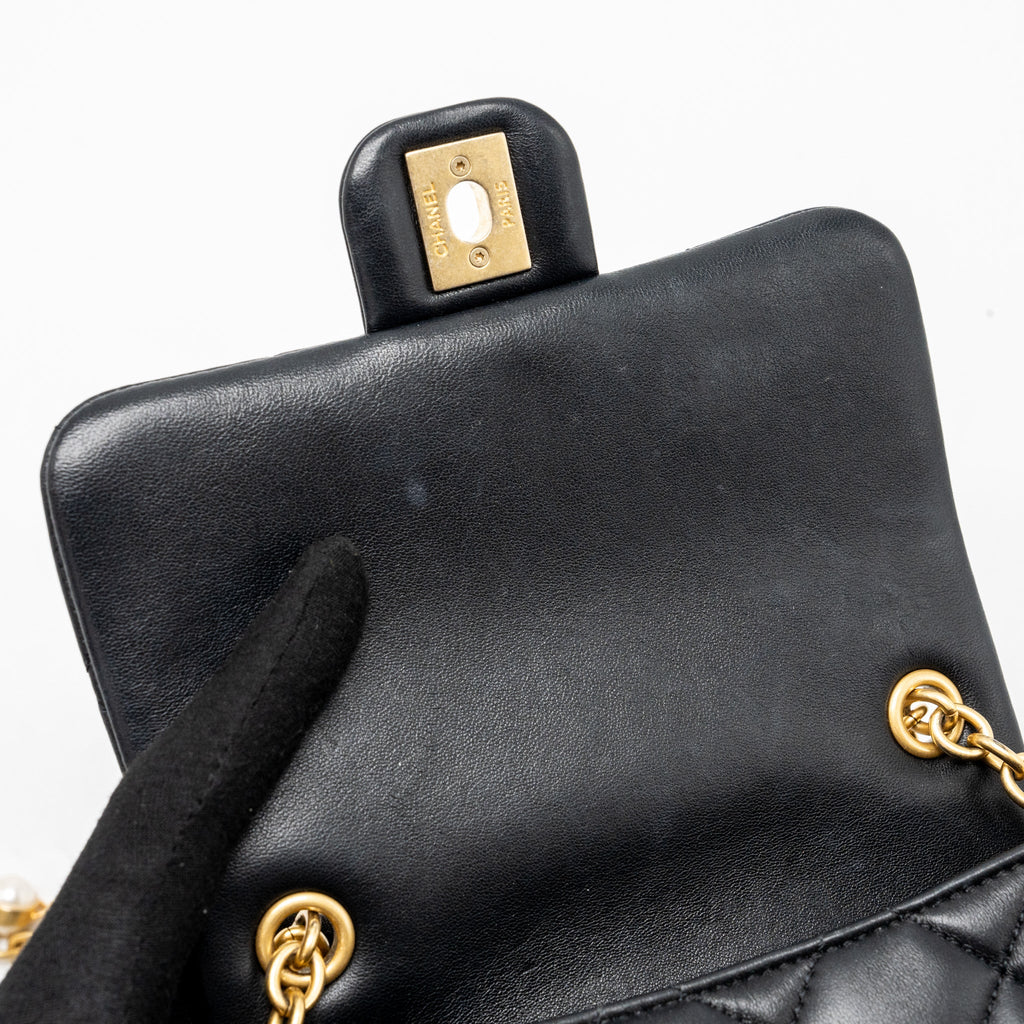 CHANEL QUILTED FLAP BAG WITH HEART CHARM CHAIN LAMBSKIN BLACK GHW (MICROCHIP)