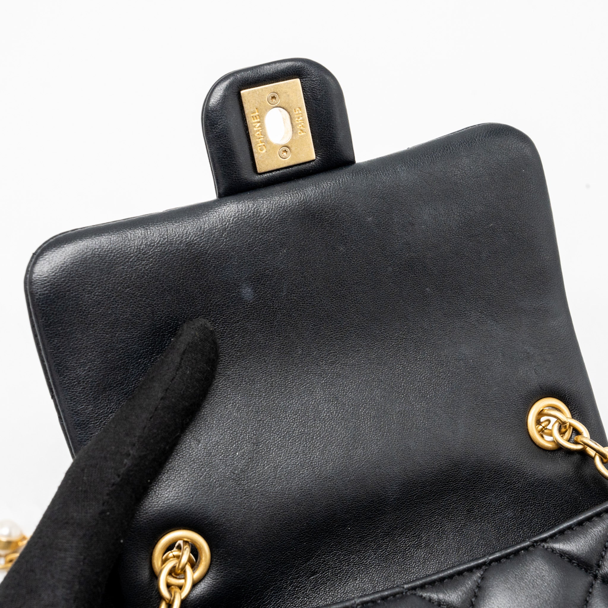 CHANEL QUILTED FLAP BAG WITH HEART CHARM CHAIN LAMBSKIN BLACK GHW (MICROCHIP)