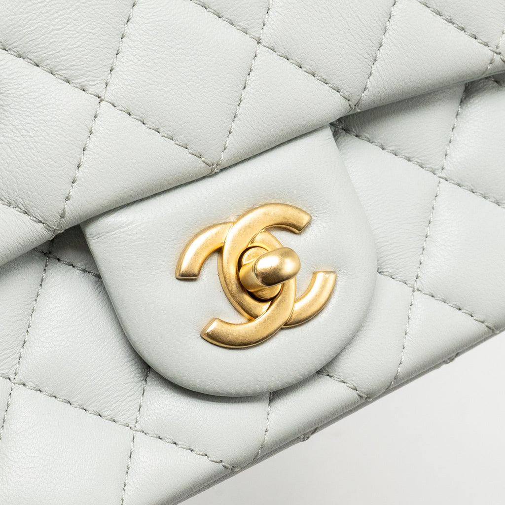 CHANEL CAMELLIA ADJUSTABLE CHAIN MINI SQUARE FLAP BAG LAMBSKIN LIGHT GREY GHW (MICROCHIP)
