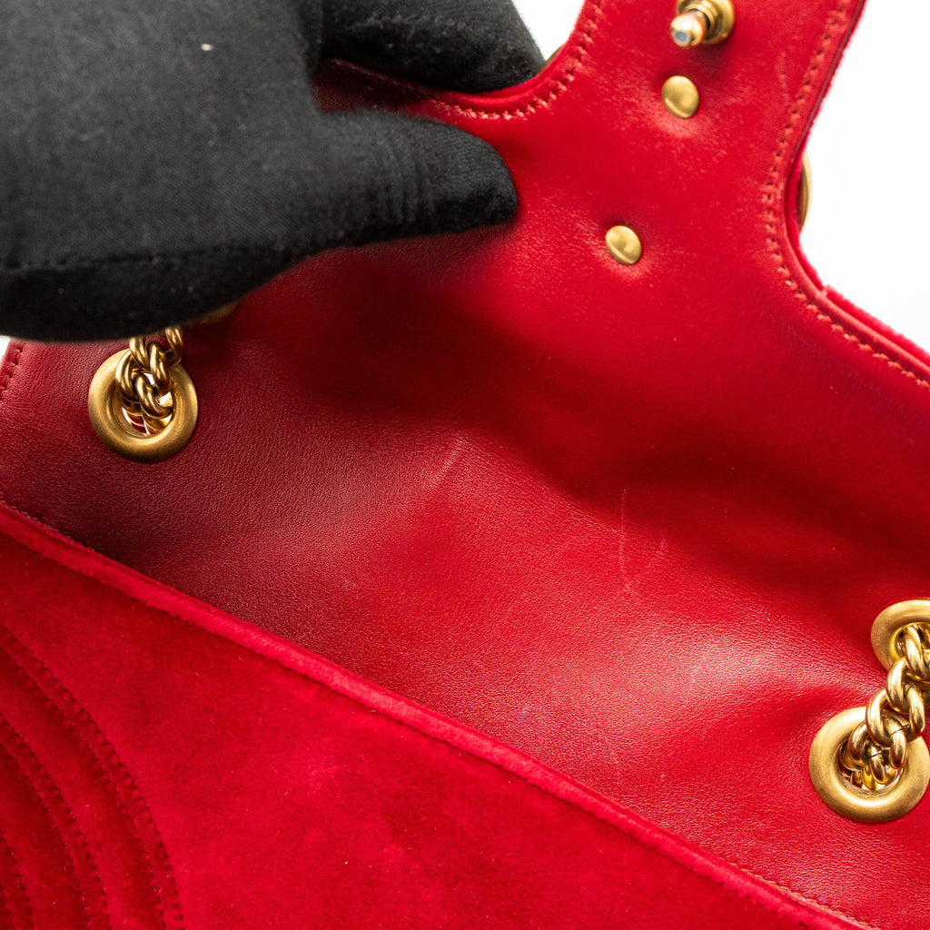 GUCCI SMALL GG MARMONT BAG VELVET RED BRUSHED GHW