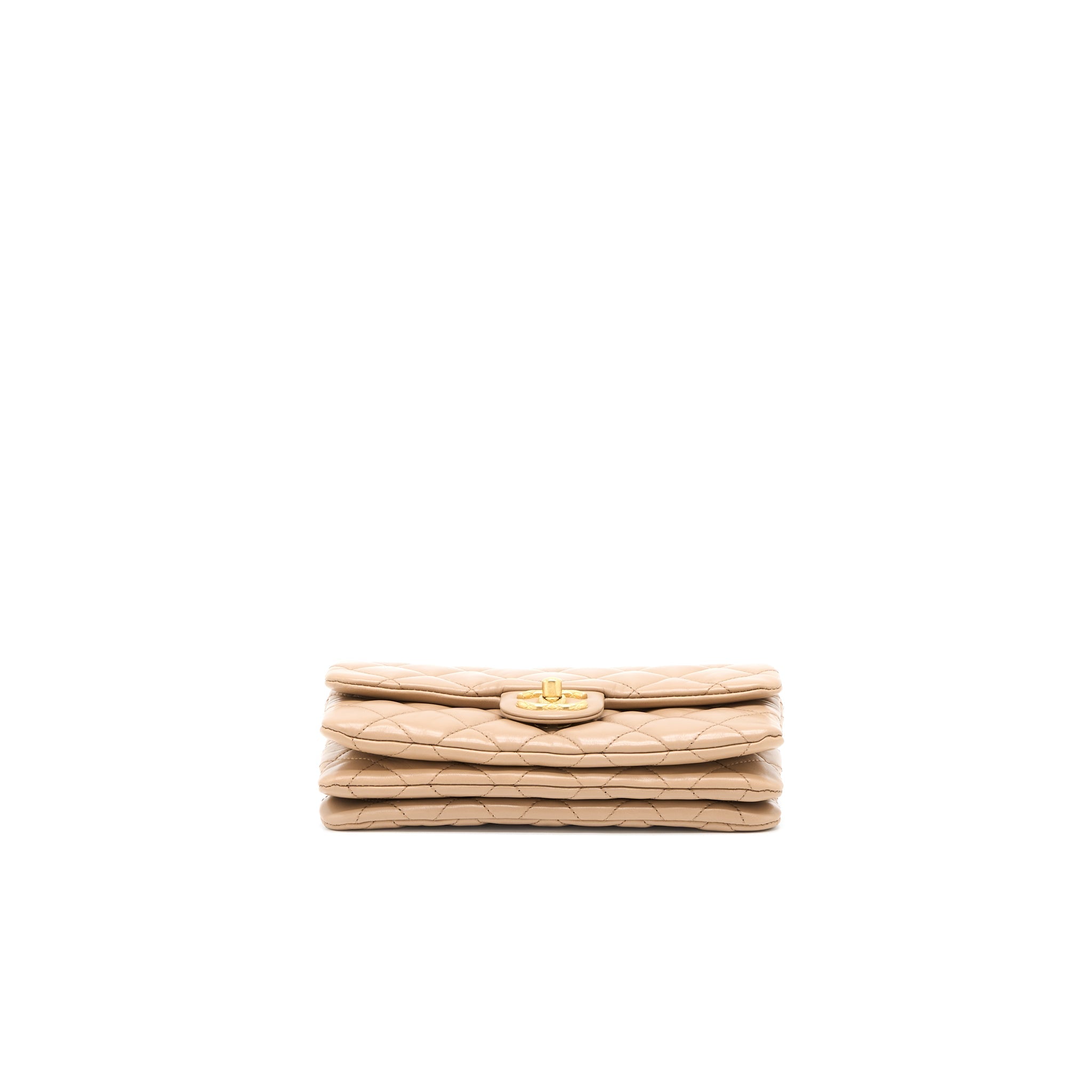 CHANEL 22K GOLD PILLAR ADJUSTABLE CHAIN FLAP BAG LAMBSKIN BEIGE GHW (MICROCHIP)