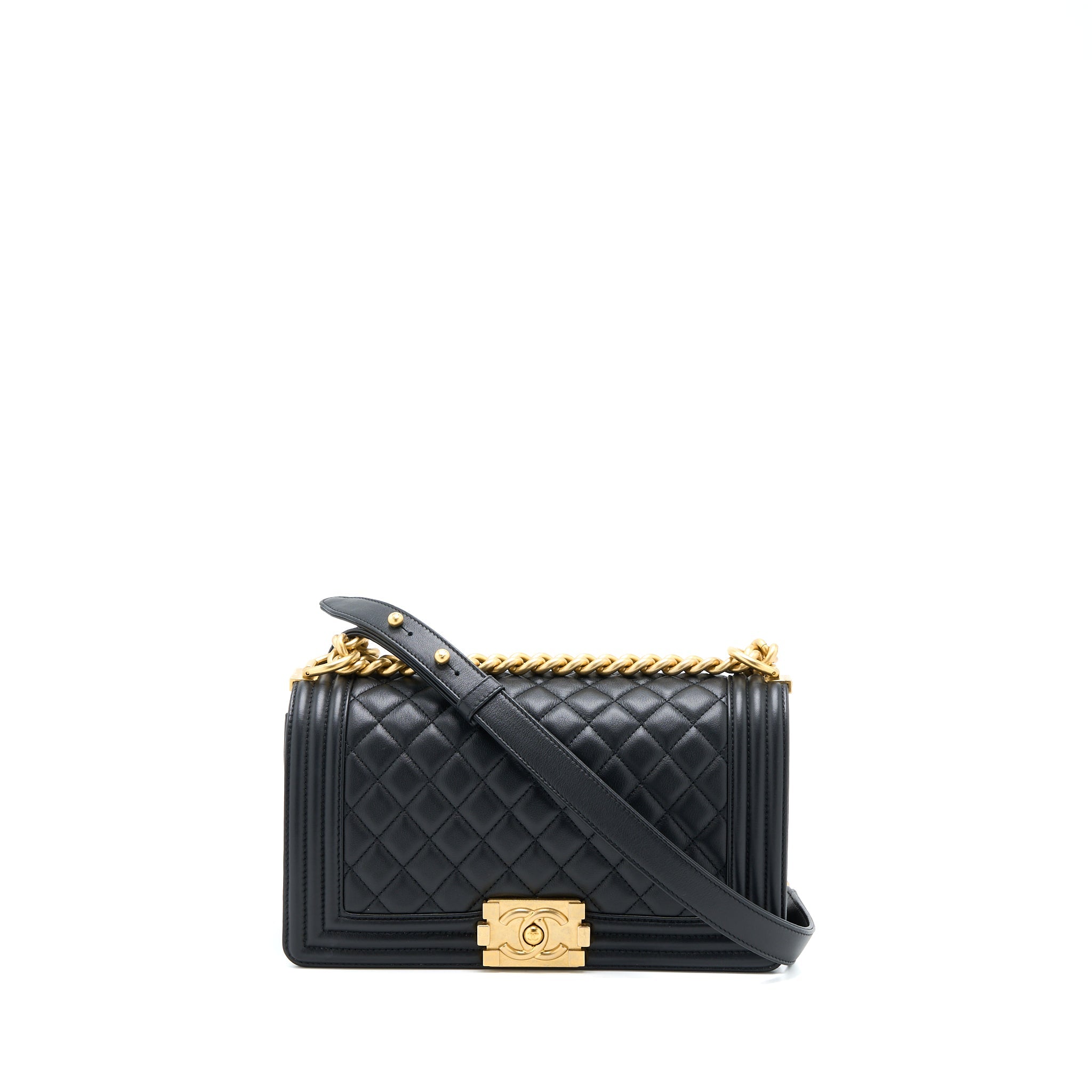 CHANEL MEDIUM BOY BAG LAMBSKIN BLACK BRUSHED GHW (MICROCHIP)