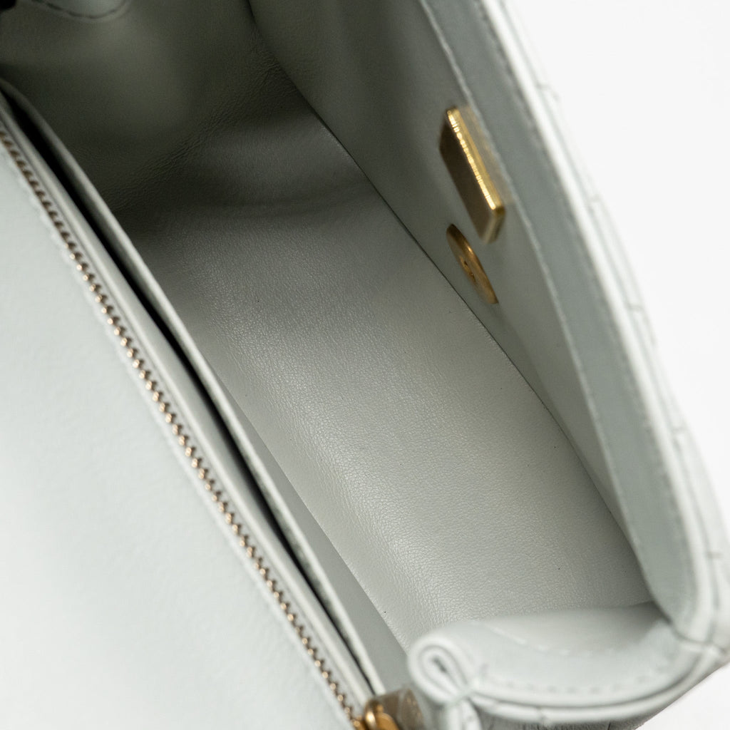 CHANEL CAMELLIA ADJUSTABLE CHAIN MINI SQUARE FLAP BAG LAMBSKIN LIGHT GREY GHW (MICROCHIP)
