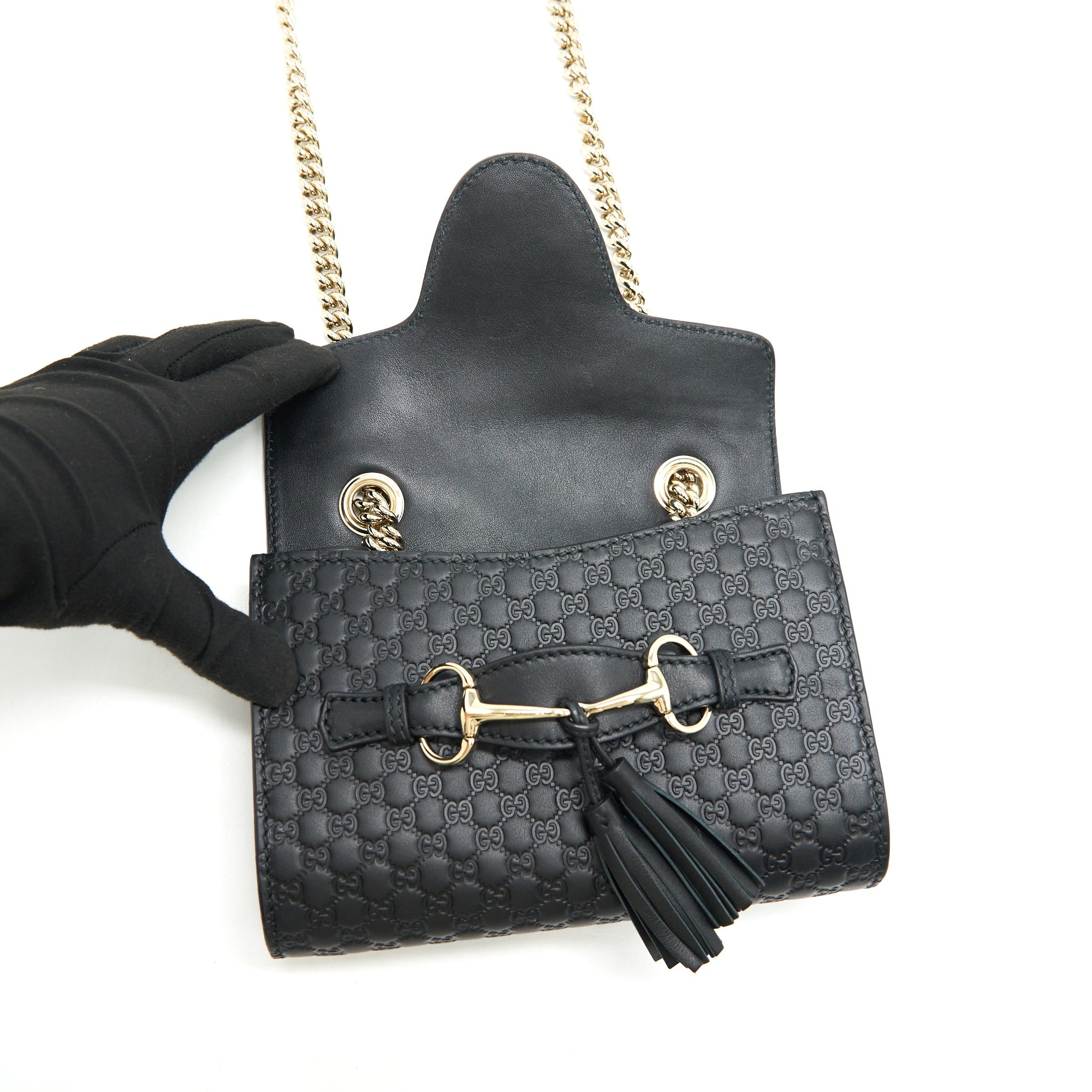 GUCCI EMILY GUCCISSIMA MINI LEATHER SHOULDER BAG BLACK