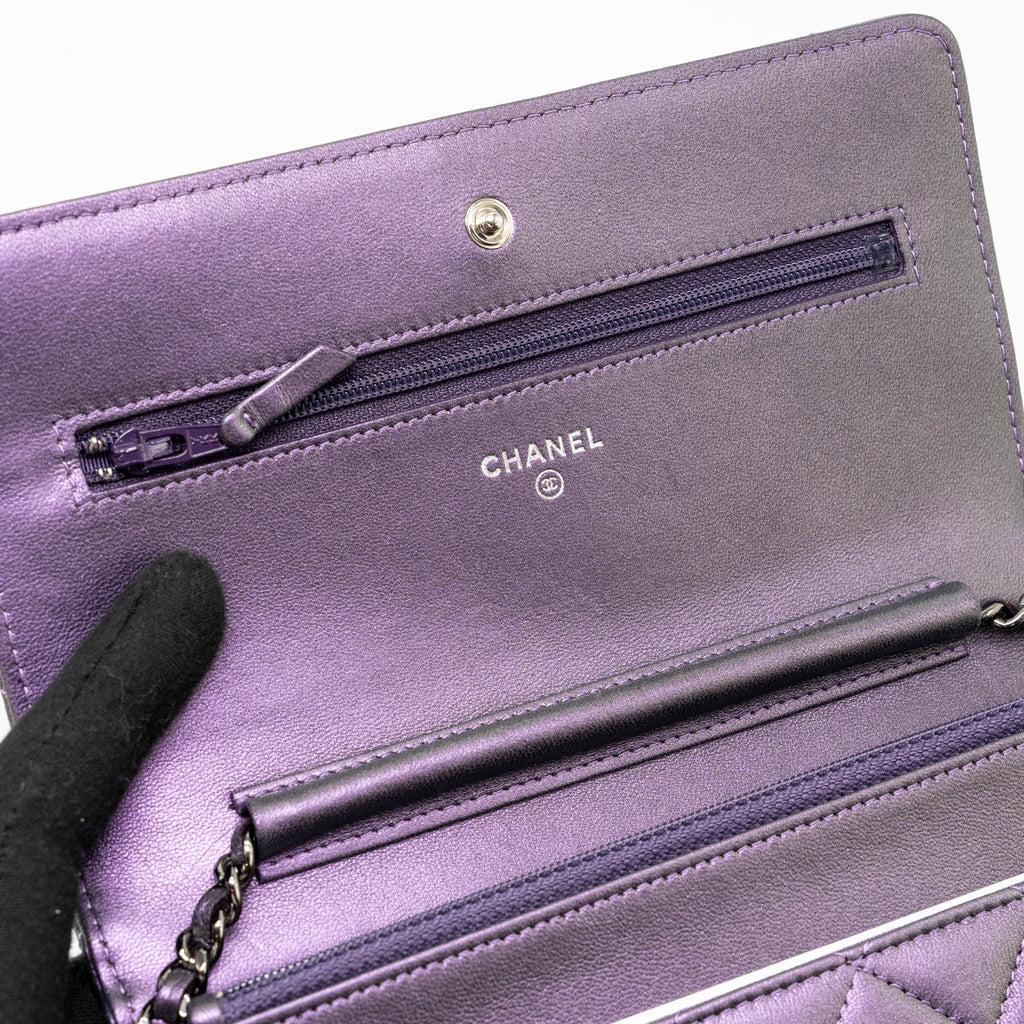 CHANEL CLASSIC WALLET ON CHAIN LAMBSKIN IRIDESCENT PURPLE RUTHENIUM HARDWARE