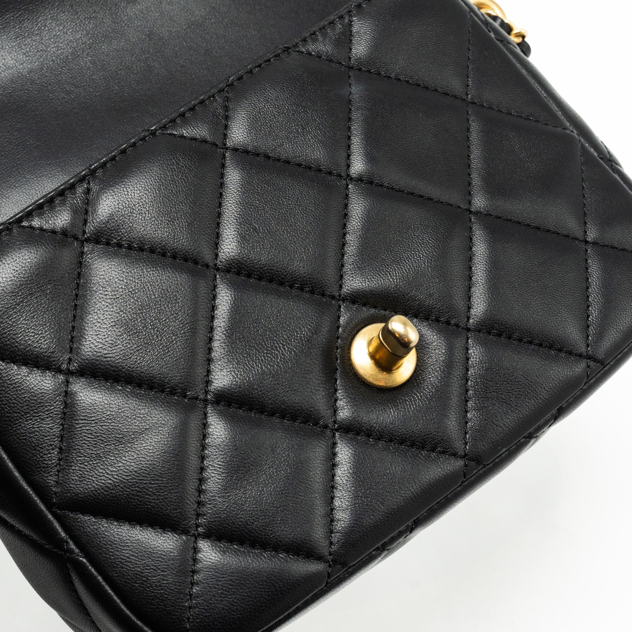 CHANEL MY PERFECT MINI FLAP BAG WITH PEARL CHAIN LAMBSKIN BLACK GHW (MICROCHIP)