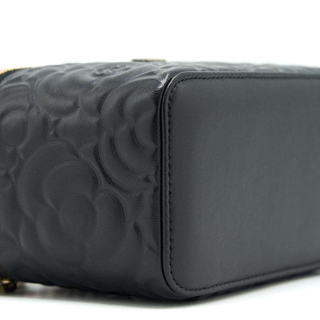 CHANEL CAMELLIA LONG VANITY WITH CHAINS LAMBSKIN BLACK LGHW