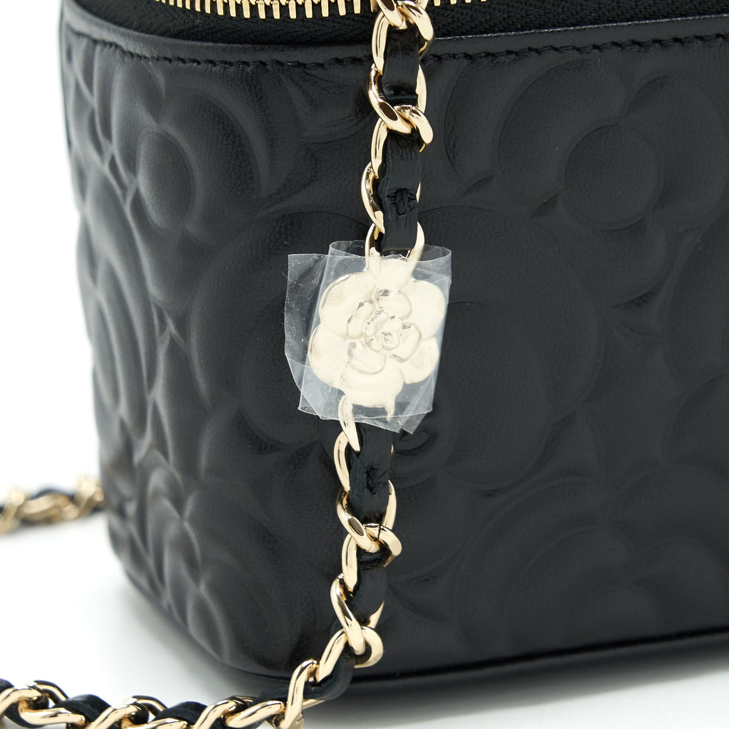 CHANEL CAMELLIA LONG VANITY WITH CHAINS LAMBSKIN BLACK LGHW