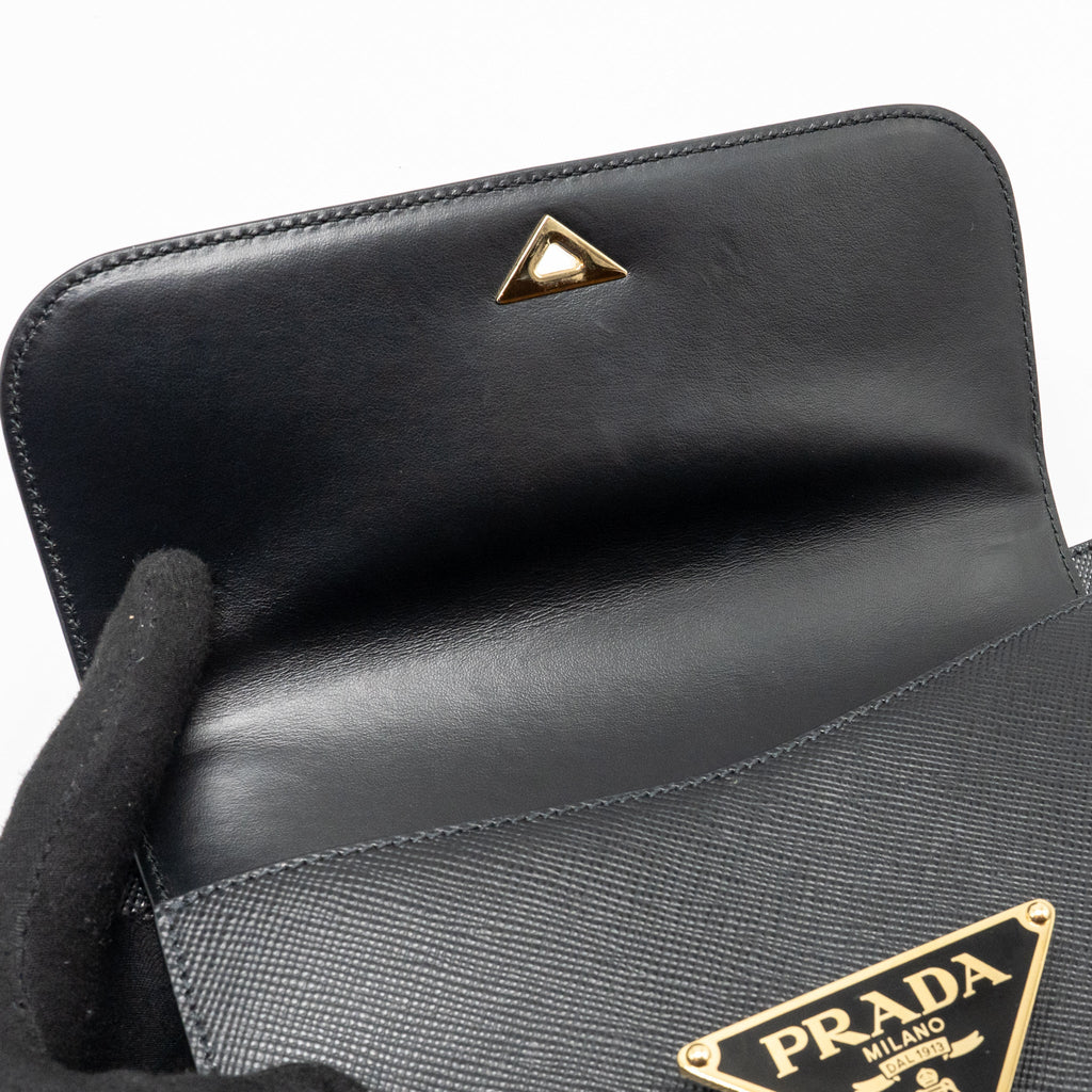 PRADA SAFFIANO LEATHER FLAP SHOULDER BAG CALFSKIN BLACK GHW