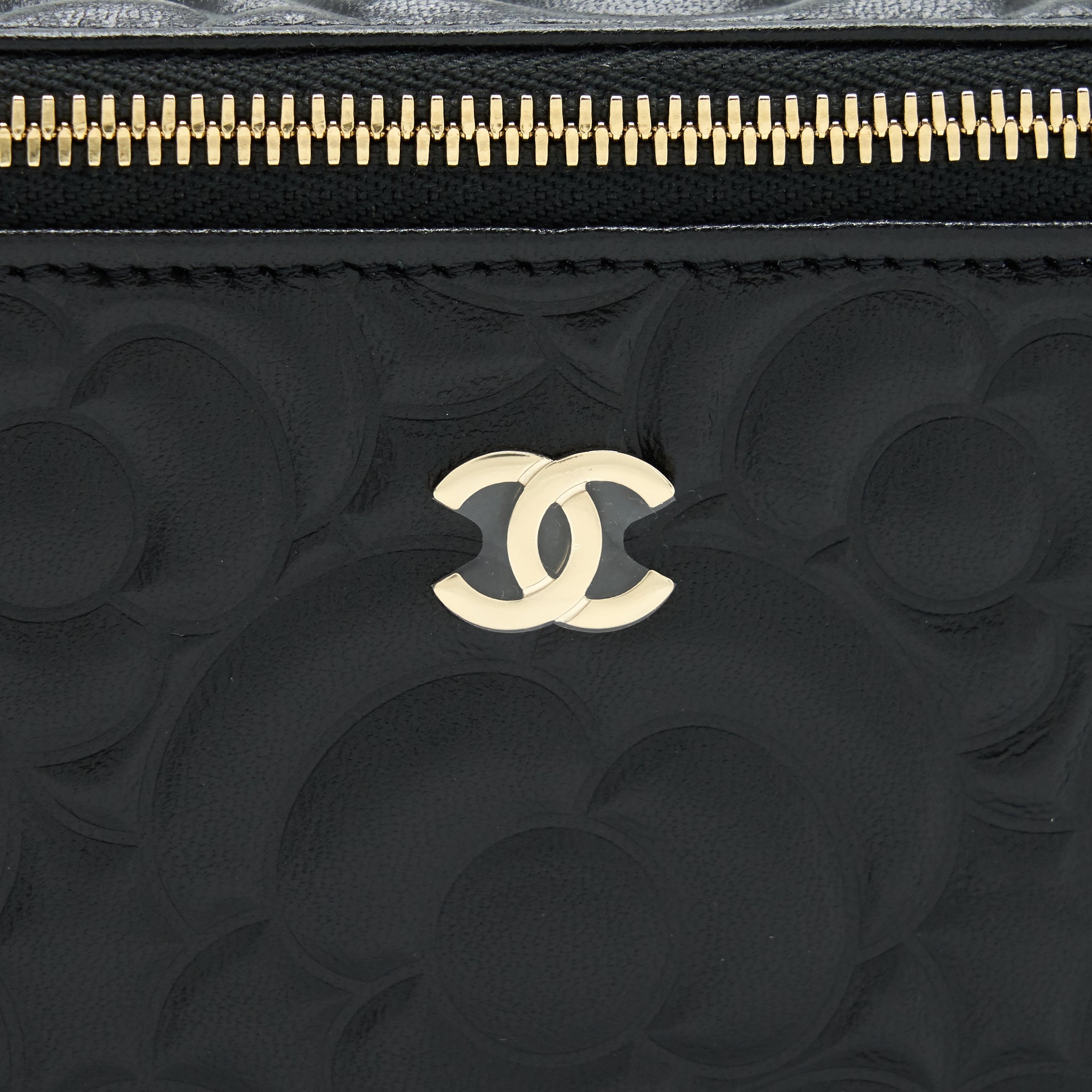 CHANEL CAMELLIA LONG VANITY WITH CHAINS LAMBSKIN BLACK LGHW