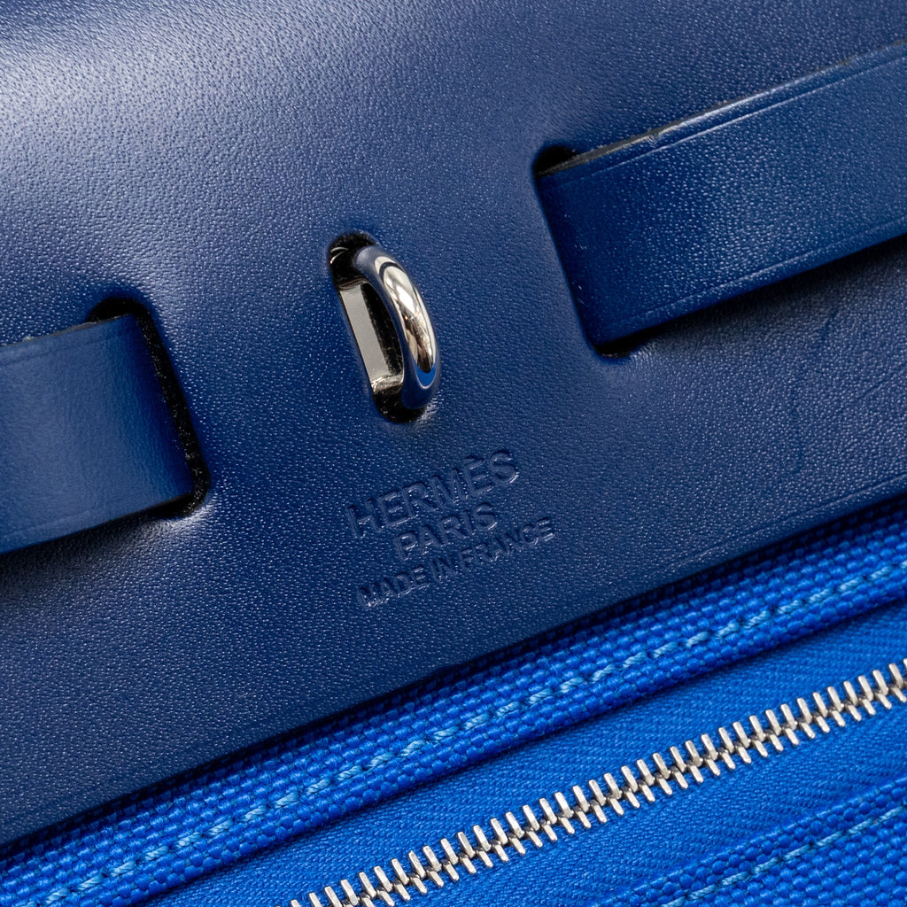HERMES HERBAG 31 ZIP BAG CANVAS/HUNTER LEATHER BLEU BILLARD/BLEU SAPHIR SHW