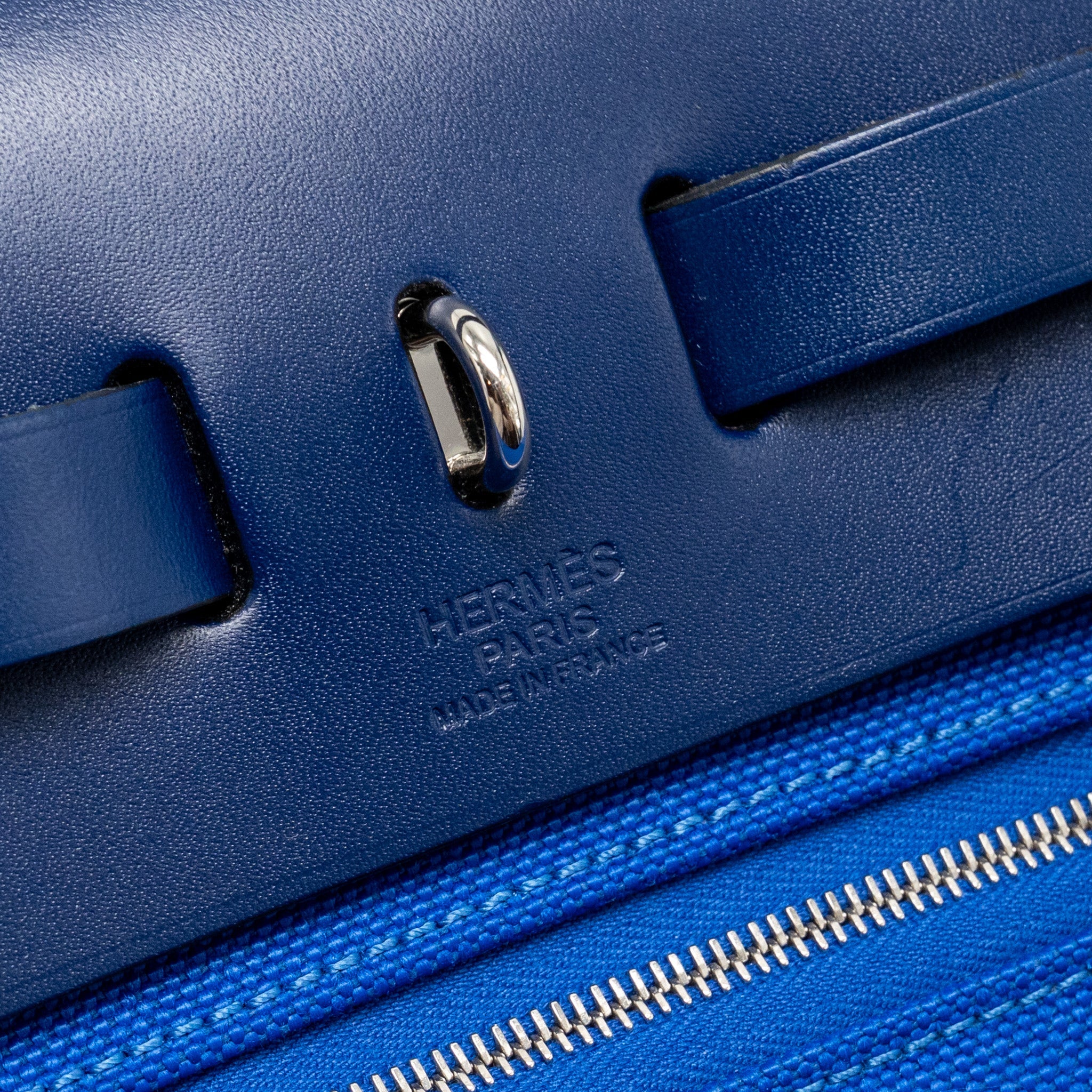 HERMES HERBAG 31 ZIP BAG CANVAS/HUNTER LEATHER BLEU BILLARD/BLEU SAPHIR SHW