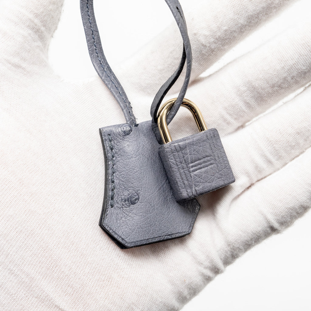 HERMES BIRKIN 25 SPECIAL ORDER OSTRICH GRIS AGATE/BLUE IRIS LGHW