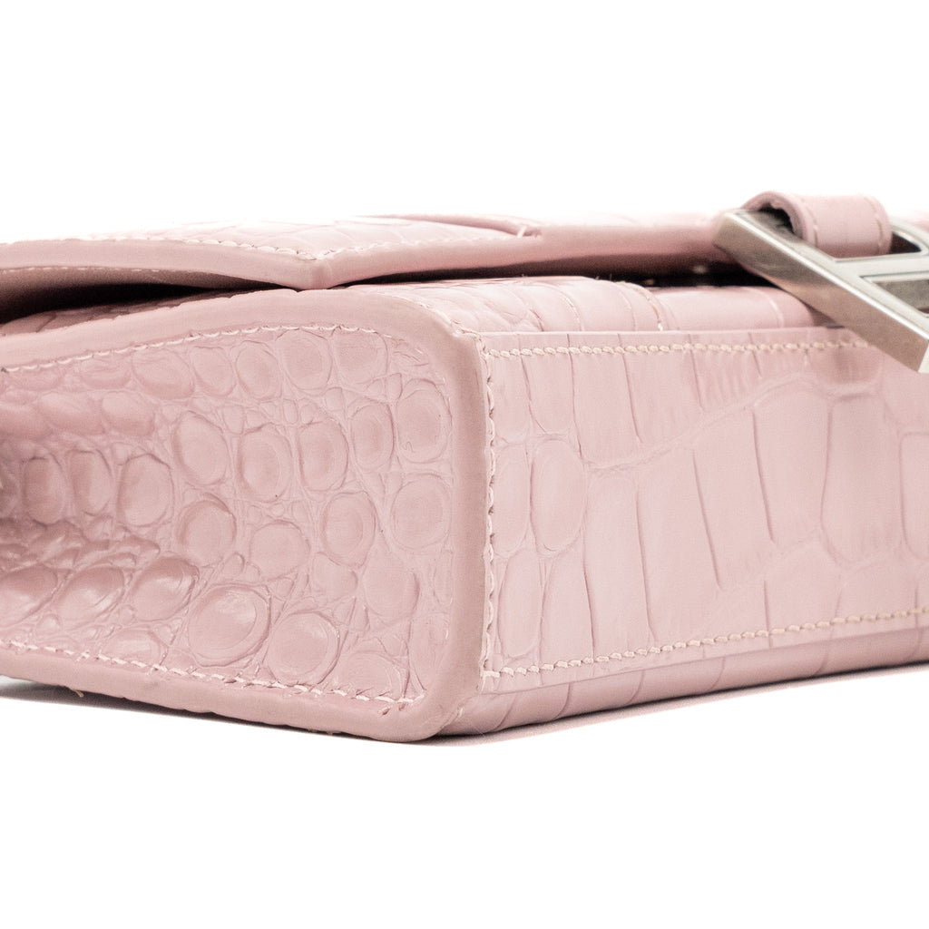 BALENCIAGA HOURGLASS WALLET ON CHAIN CROC-EMBOSSED CALFSKIN PINK SHW