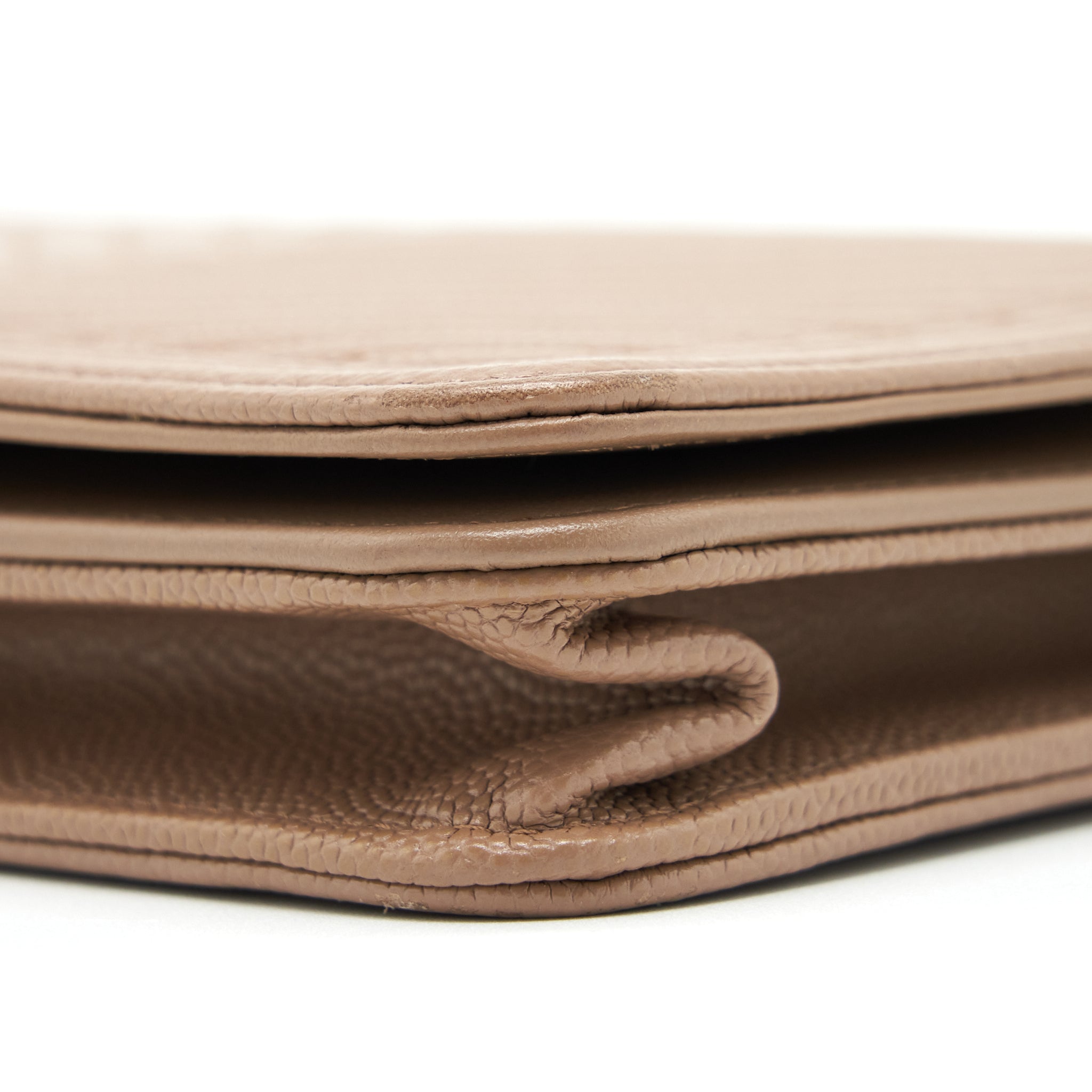 CHANEL CHEVRON BOY WALLET ON CHAIN CAVIAR DARK BEIGE RUTHENIUM HARDWARE
