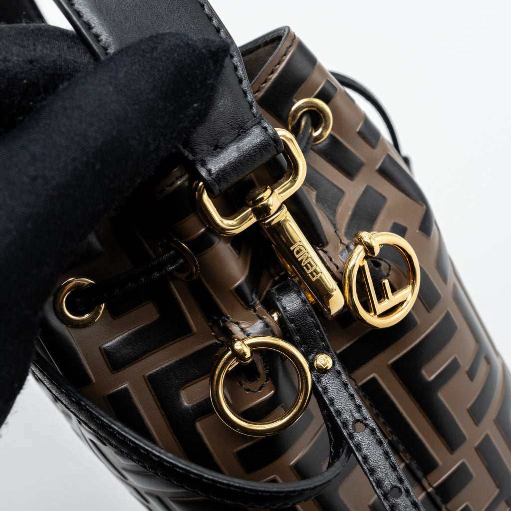 FENDI MINI MON TRESOR BUCKET BAG CALFSKIN BROWN / BLACK GHW
