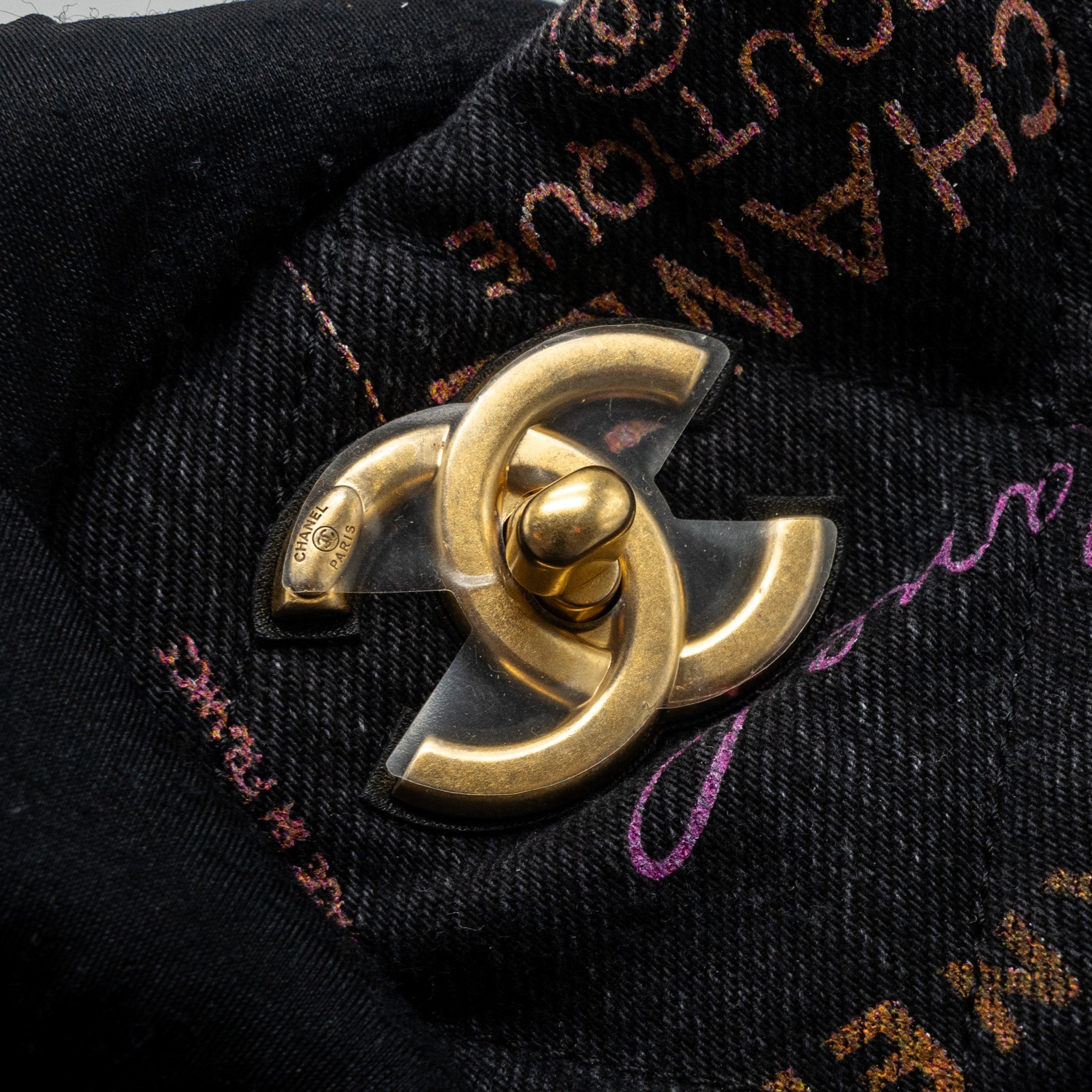 CHANEL DENIM GRAFFITI SHOULDER BAG BLACK GHW (MICROCHIP)