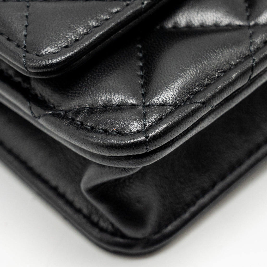 CHANEL PEARL CRUSH WALLET ON CHAIN LAMBSKIN BLACK GHW (MICROCHIP)