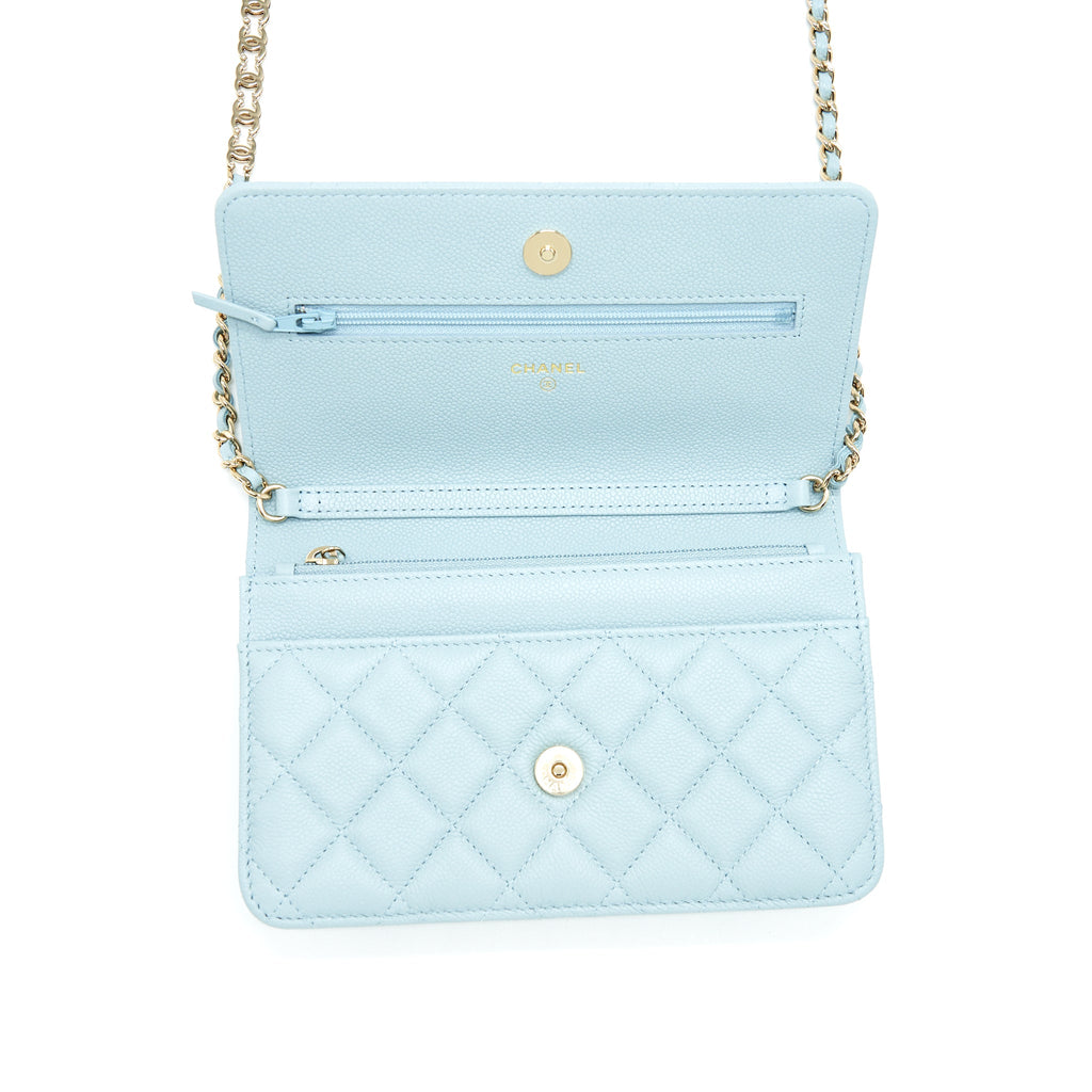 CHANEL 22P WALLET ON CHAIN WITH CC LOGO CHAIN CAVIAR LIGHT BLUE LGHW