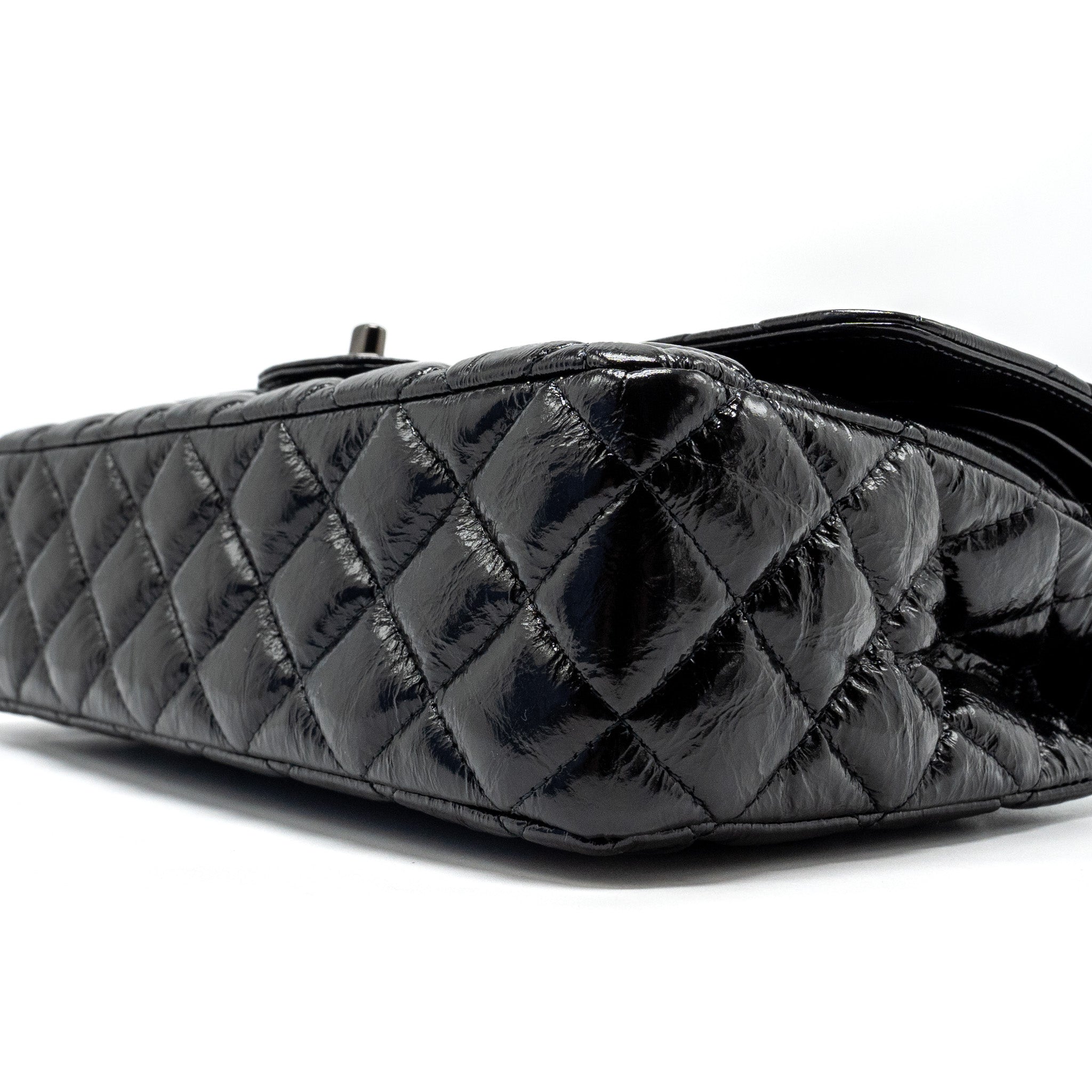 CHANEL MEDIUM CLASSIC DOUBLE FLAP BAG SHINY AGED CALFSKIN SO BLACK