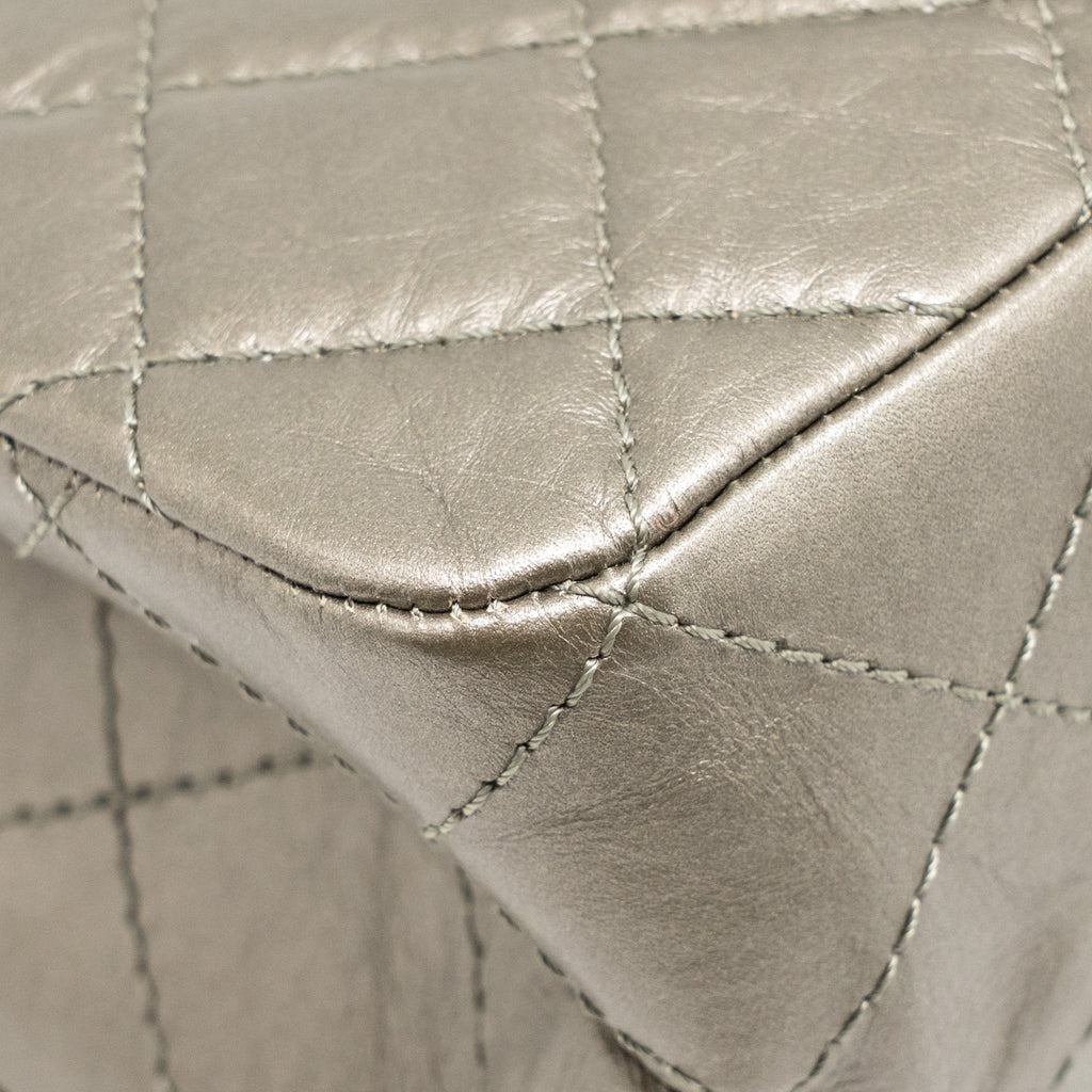 CHANEL MAXI 2.55 REISSUE FLAP BAG AGED CALFSKIN IRIDESCENT LIGHT GREY RUTHENIUM HARDWARE