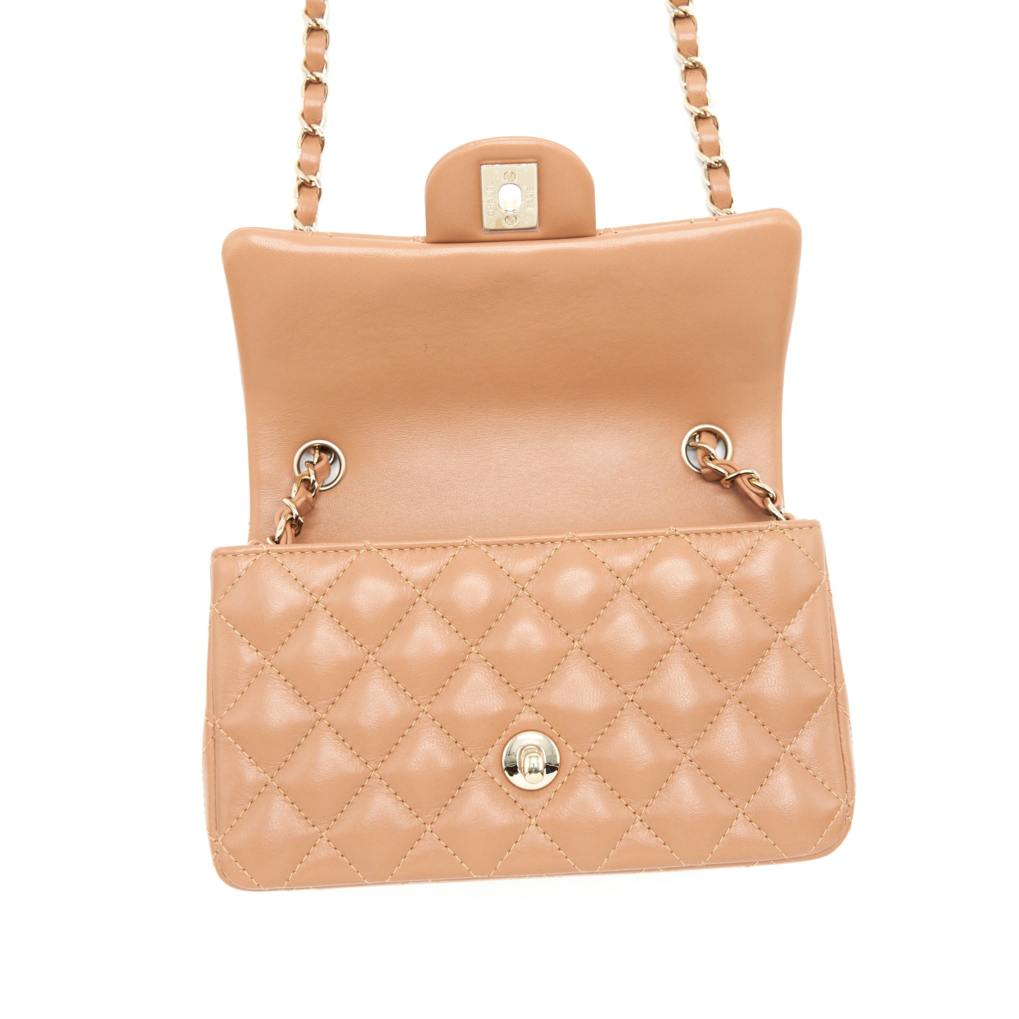 CHANEL 22S MINI RECTANGULAR FLAP BAG CARAMEL LGHW (MICROCHIP)