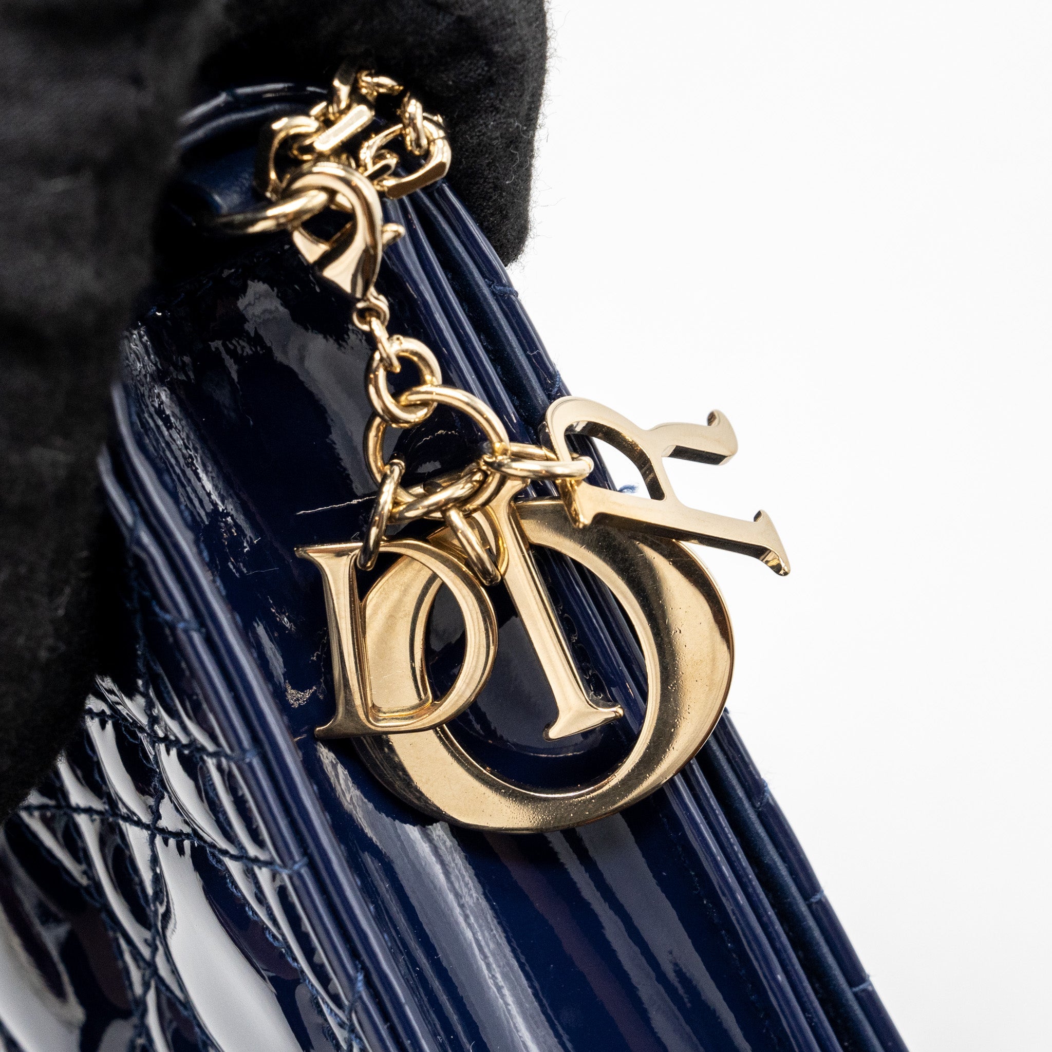 DIOR LADY DIOR POUCH WITH CHAIN PATENT DARK BLUE LGHW