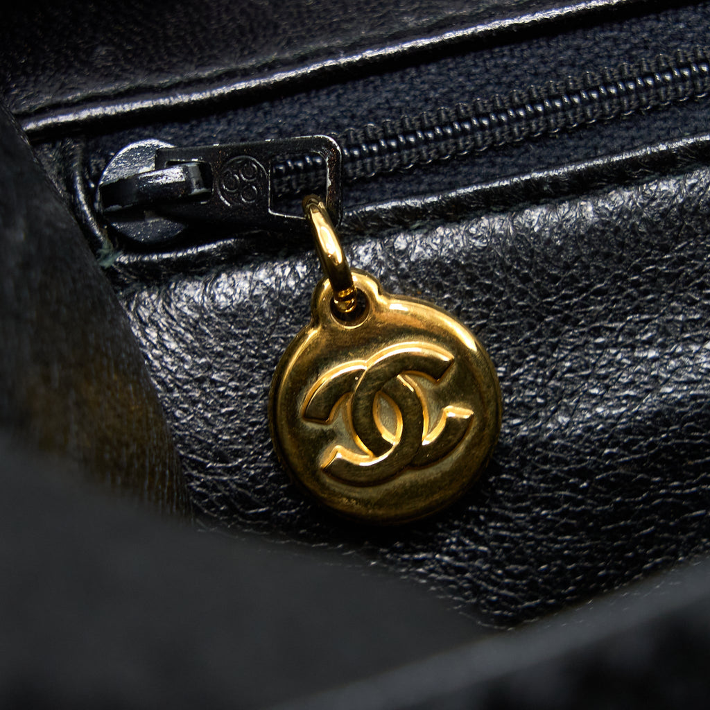 CHANEL VINTAGE TOP HANDLE FLAP BAG WOVEN SILK BLACK GHW