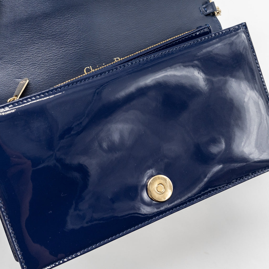 DIOR LADY DIOR POUCH WITH CHAIN PATENT DARK BLUE LGHW