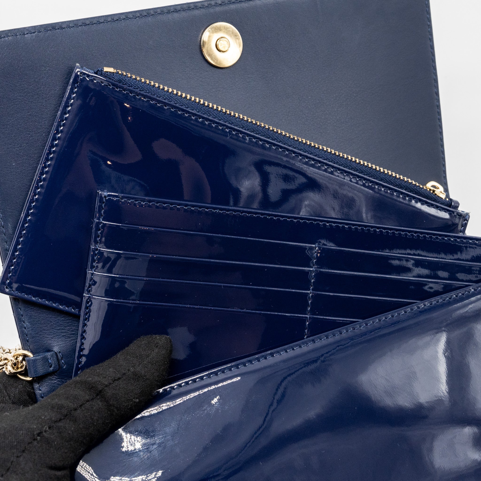 DIOR LADY DIOR POUCH WITH CHAIN PATENT DARK BLUE LGHW