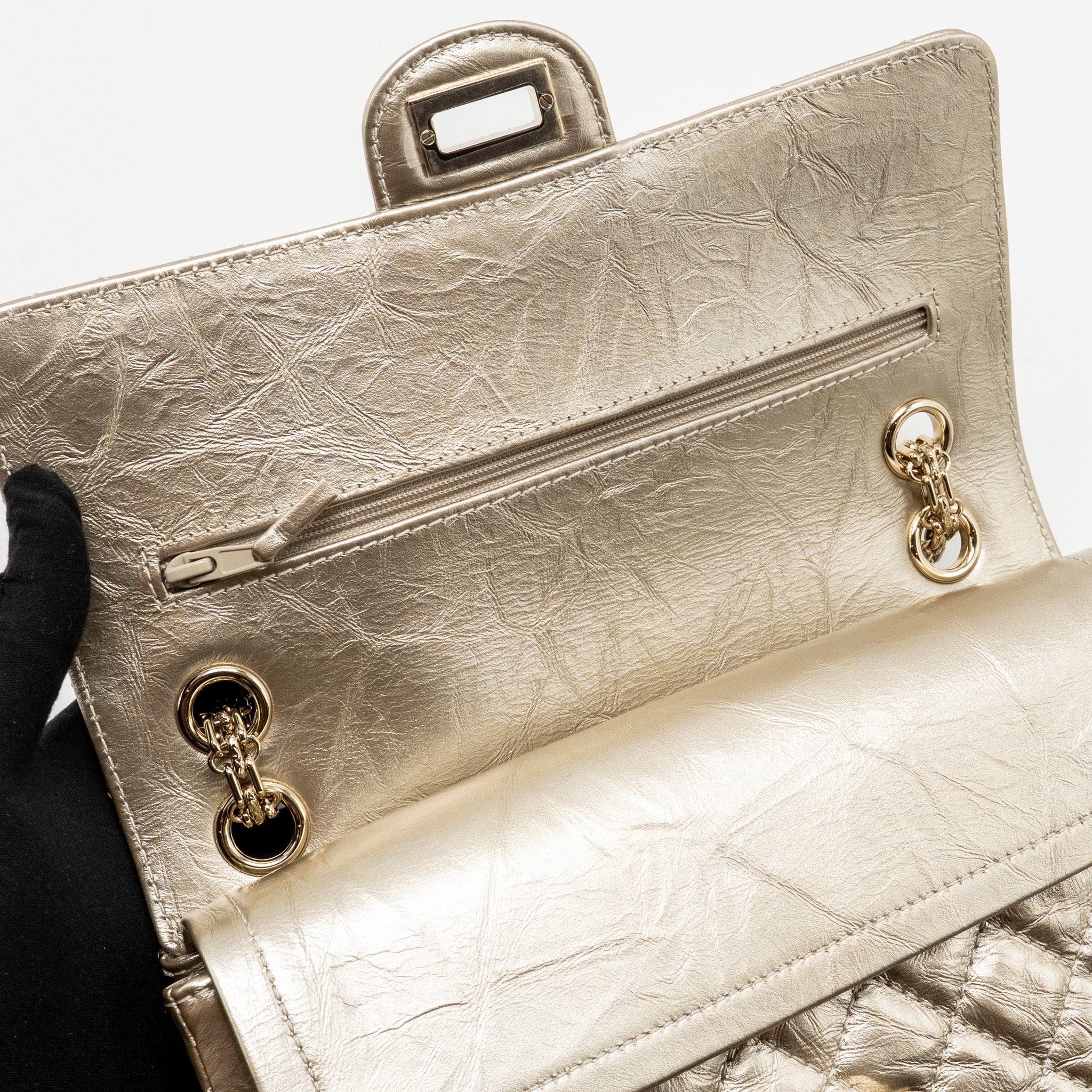 CHANEL SMALL 2.55 REISSUE DOUBLE FLAP BAG AGED CALFSKIN METALLIC LIGHT GOLD WITH LGHW