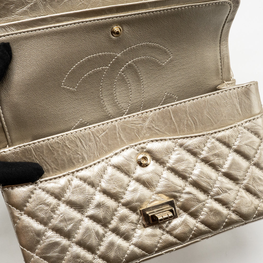 CHANEL SMALL 2.55 REISSUE DOUBLE FLAP BAG AGED CALFSKIN METALLIC LIGHT GOLD WITH LGHW