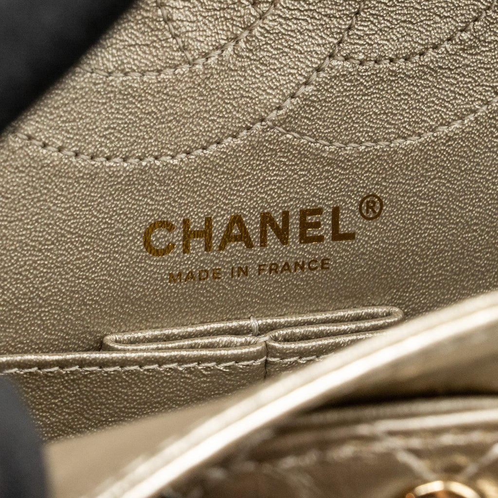 CHANEL SMALL 2.55 REISSUE DOUBLE FLAP BAG AGED CALFSKIN METALLIC LIGHT GOLD WITH LGHW