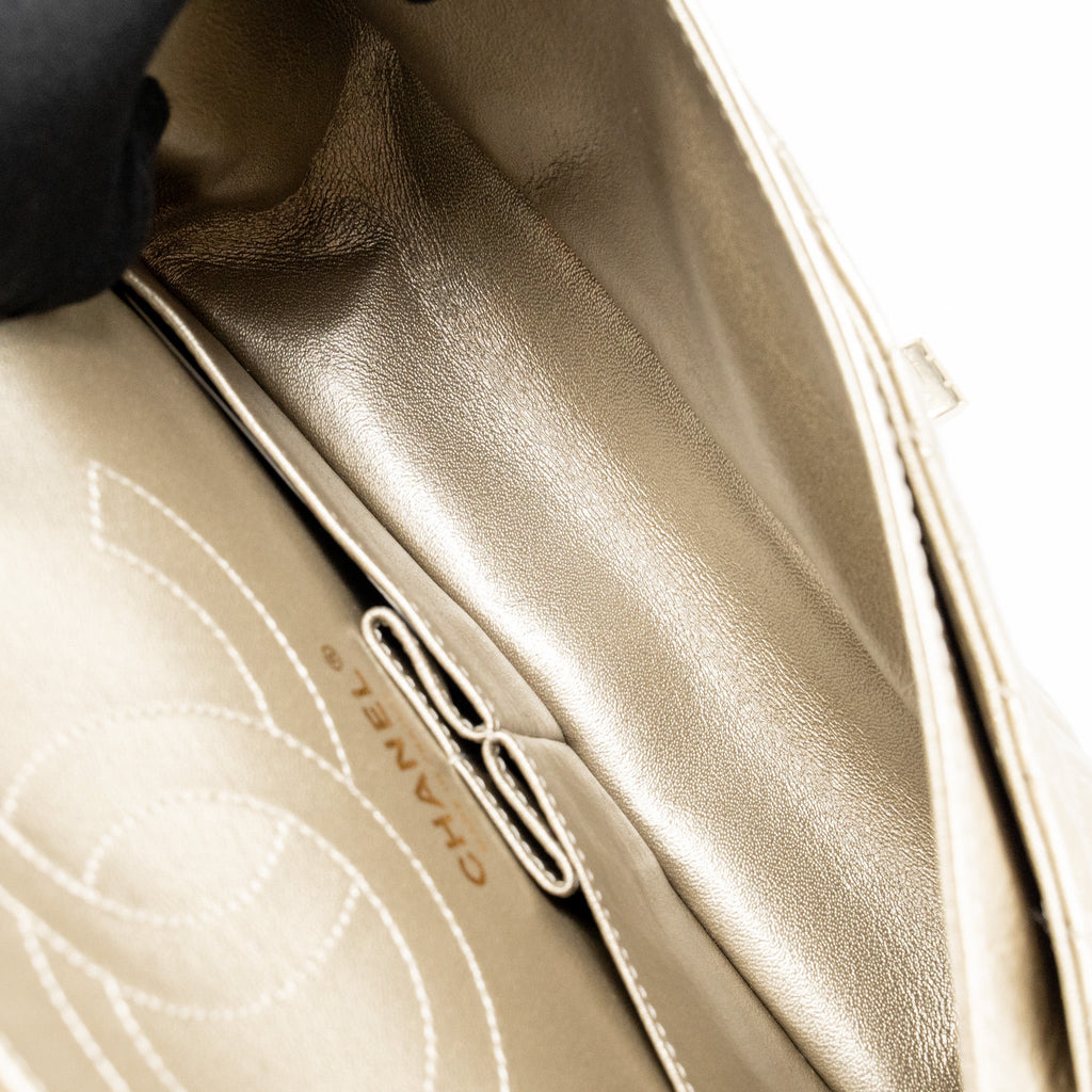 CHANEL SMALL 2.55 REISSUE DOUBLE FLAP BAG AGED CALFSKIN METALLIC LIGHT GOLD WITH LGHW