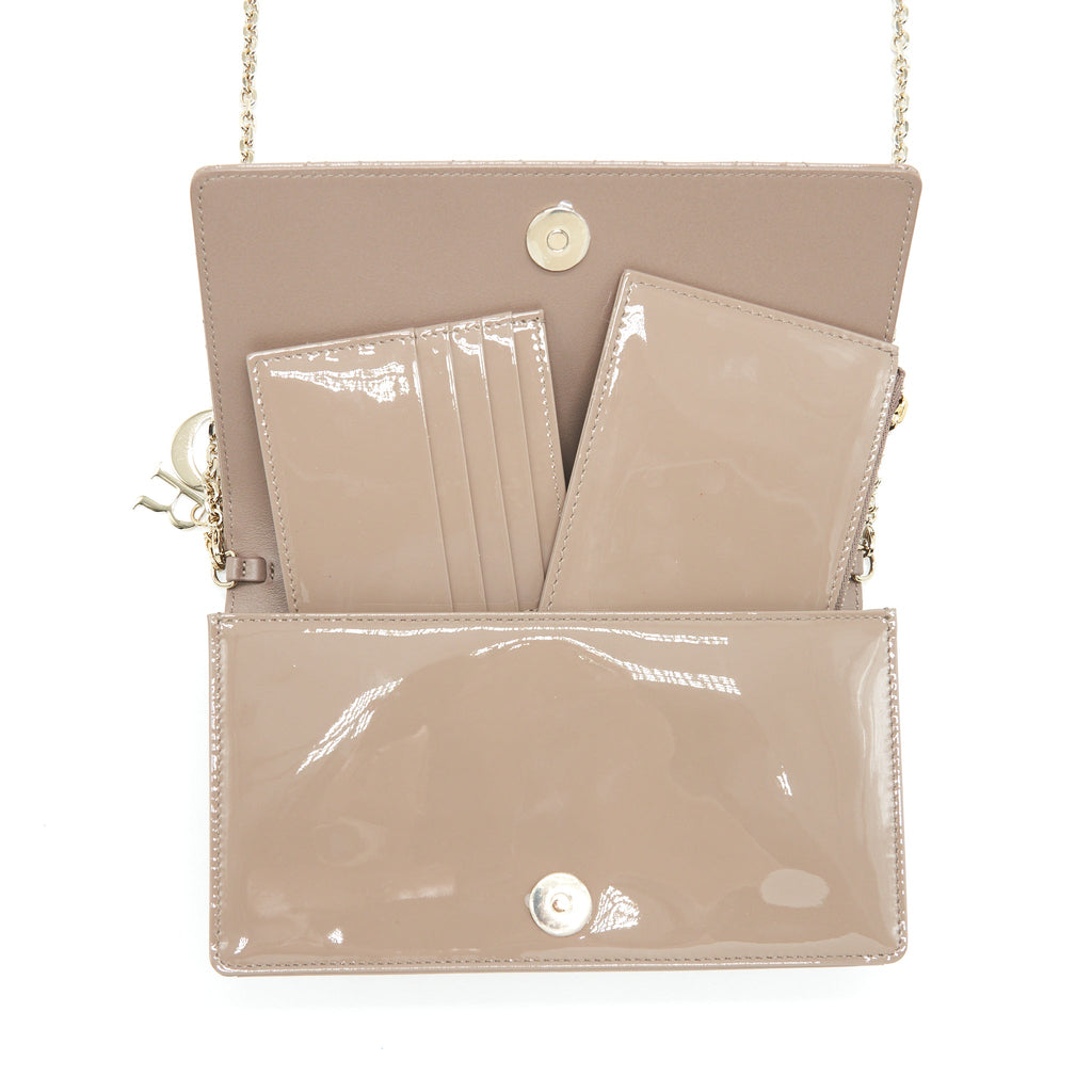 DIOR LADY DIOR POUCH PATENT CALFSKIN WARM TAUPE LGHW