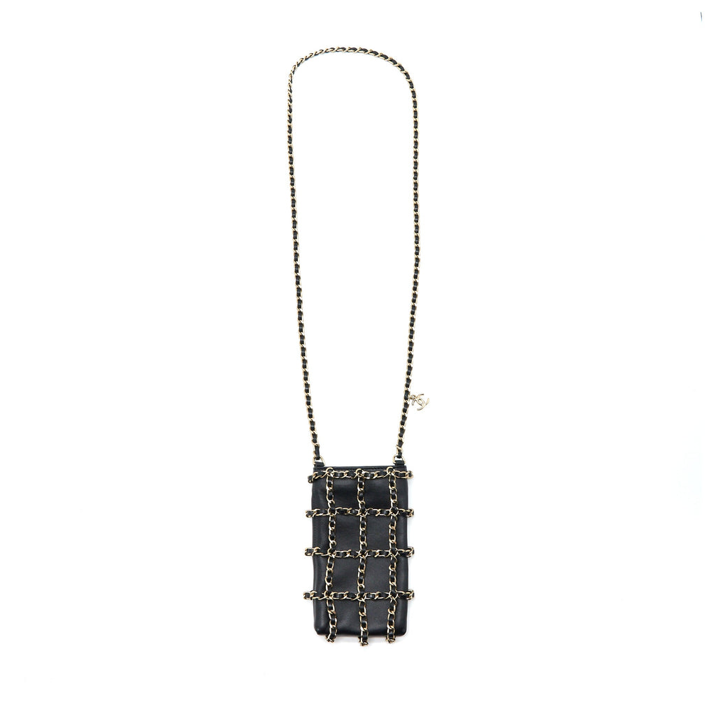 CHANEL PHONE POUCH WITH CHAIN LAMBSKIN BLACK LGHW