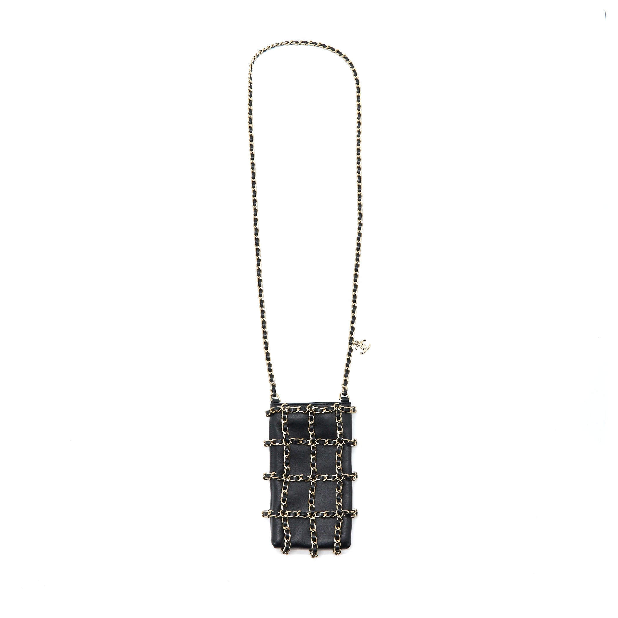 CHANEL PHONE POUCH WITH CHAIN LAMBSKIN BLACK LGHW