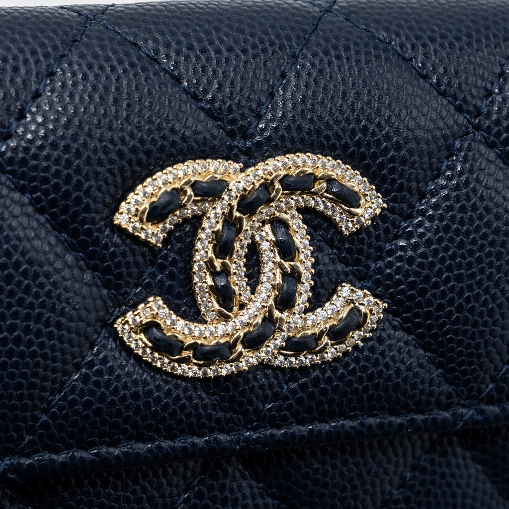 CHANEL DETAILED GIANT LOGO CARD HOLDER CAVIAR DARK BLUE LGHW